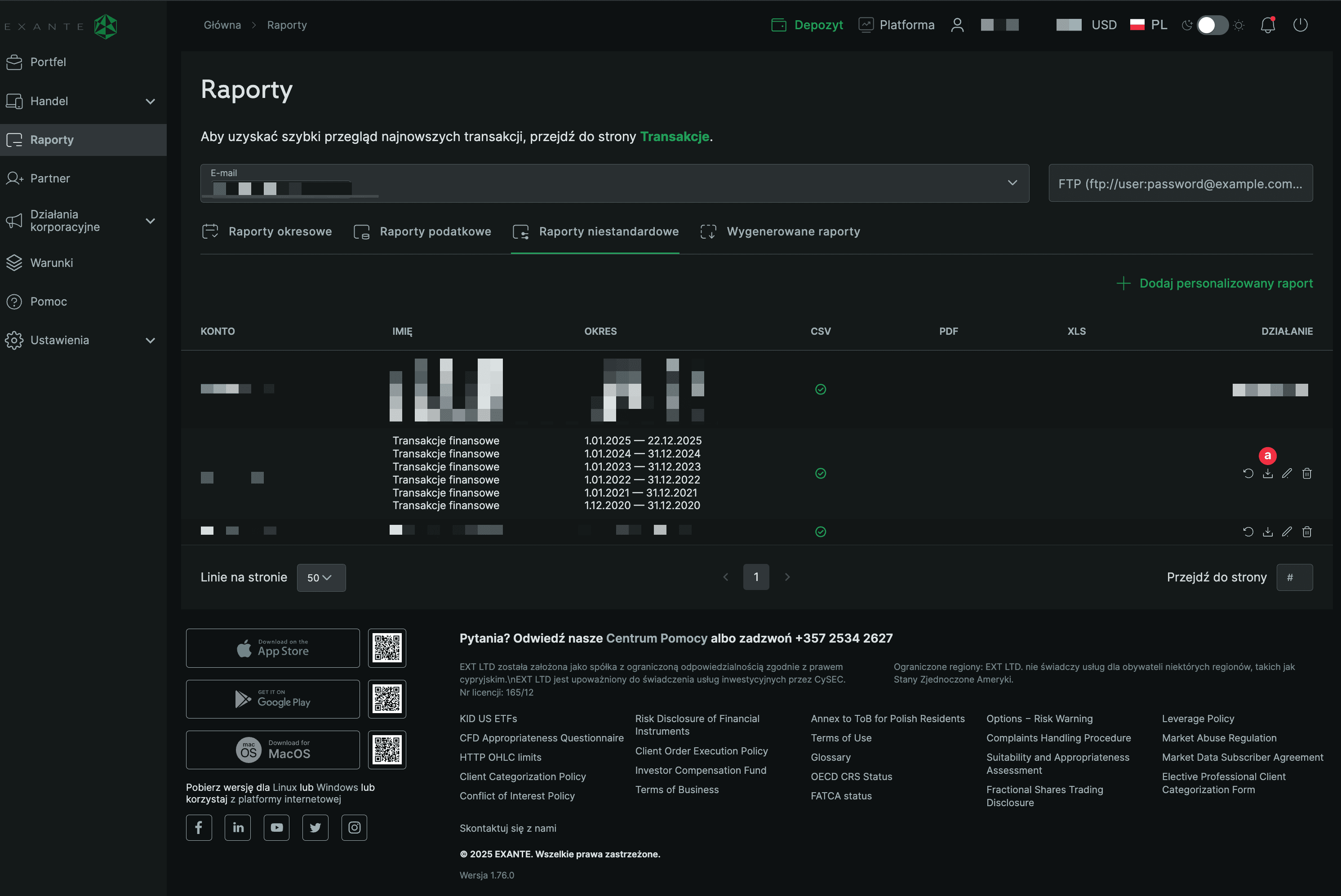 Zrzut ekranu Exante z dostępnym raportem i przyciskiem pobrania raportu CSV dla importu do kalkulatora giełdowego