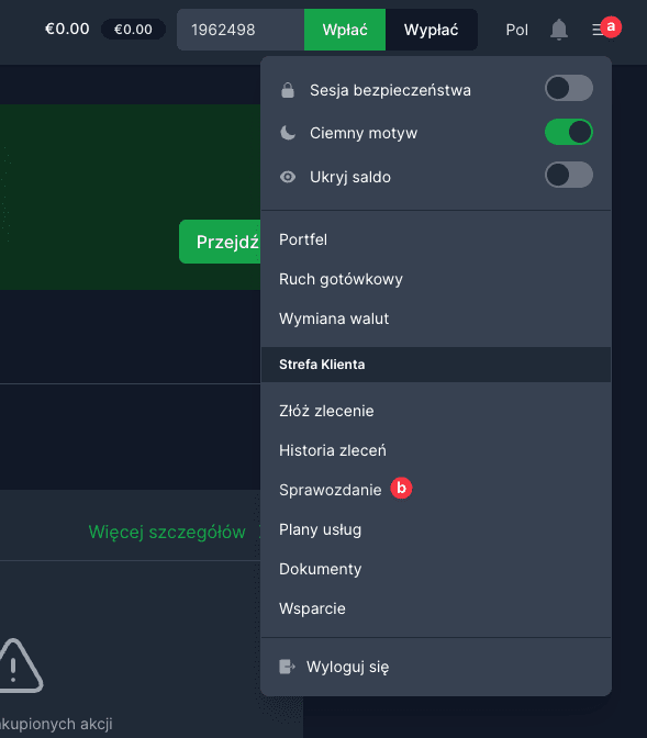Zrzut ekranu z menu hamburger w Freedom24 do generowania raportu brokerskiego dla kalkulatora giełdowego i rozliczenia podatku