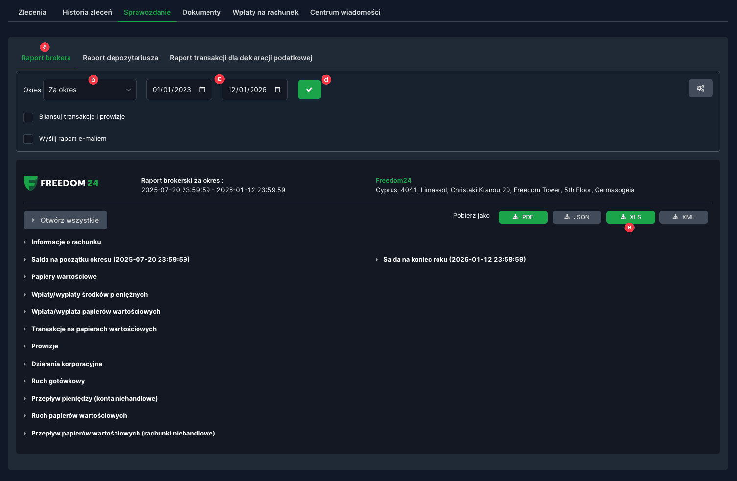 Zrzut ekranu z konfiguracją raportu brokera w Freedom24 do eksportu danych dla kalkulatora giełdowego PodatekGiełdowy.pl