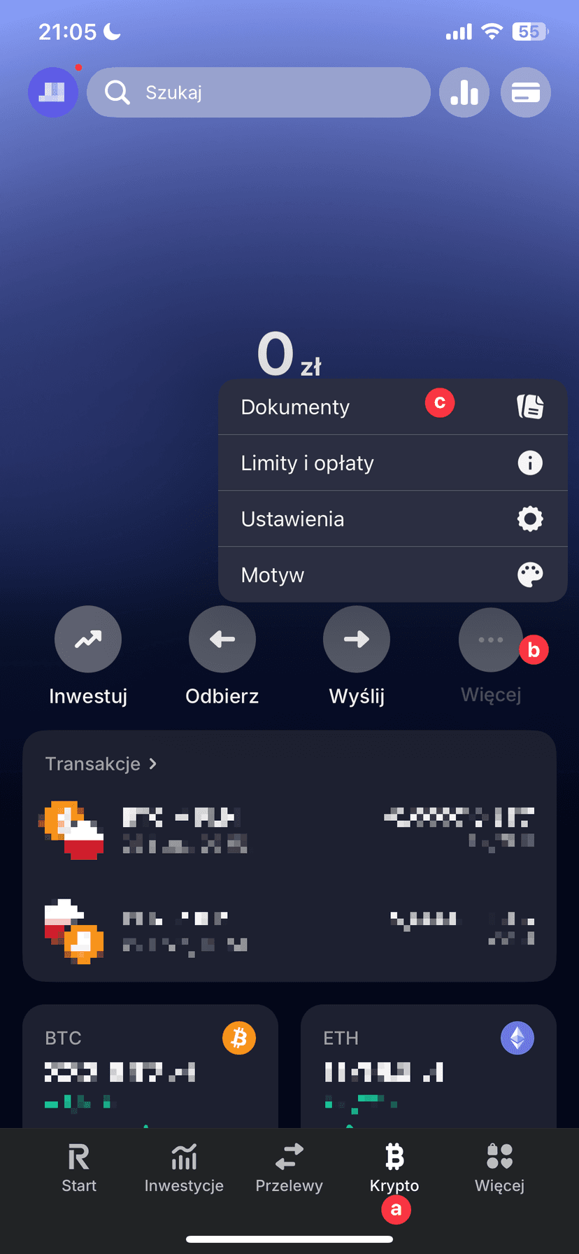 Zrzut ekranu aplikacji Revolut z nawigacją do zakładki Krypto → Więcej → Dokumenty do generowania wyciągu z konta kryptowalut dla kalkulatora podatku od kryptowalut PodatekGiełdowy.pl