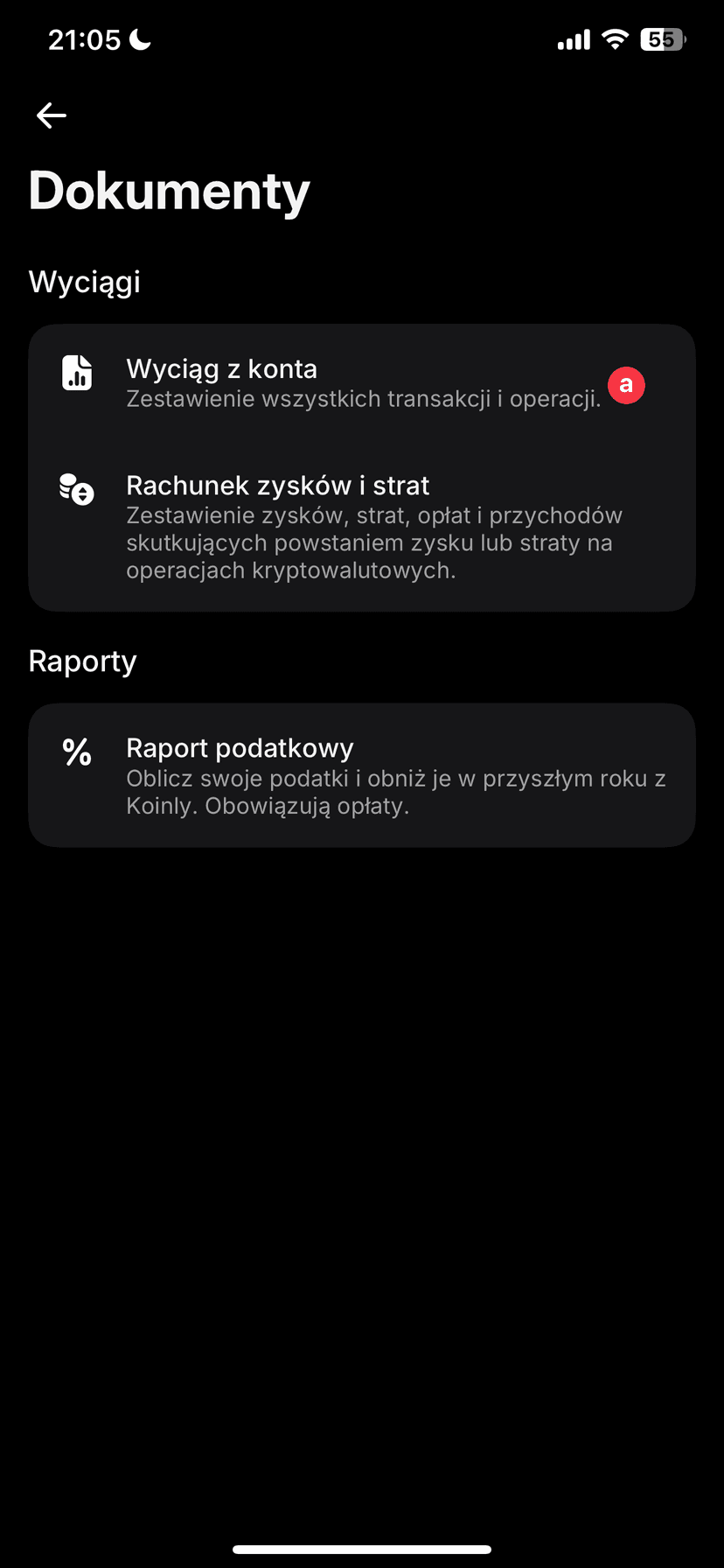 Zrzut ekranu aplikacji Revolut z wyborem opcji Wyciąg z konta do eksportu raportu kryptowalut dla kalkulatora podatku od kryptowalut