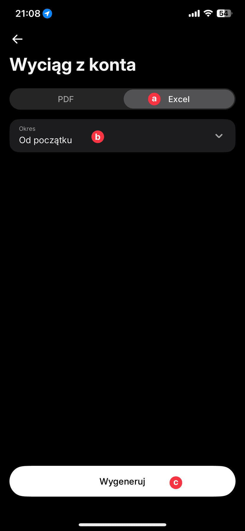 Zrzut ekranu aplikacji Revolut z wyborem formatu Excel, okresu od początku oraz opcją Wygeneruj do eksportu wyciągu kryptowalut do rozliczenia podatku od kryptowalut