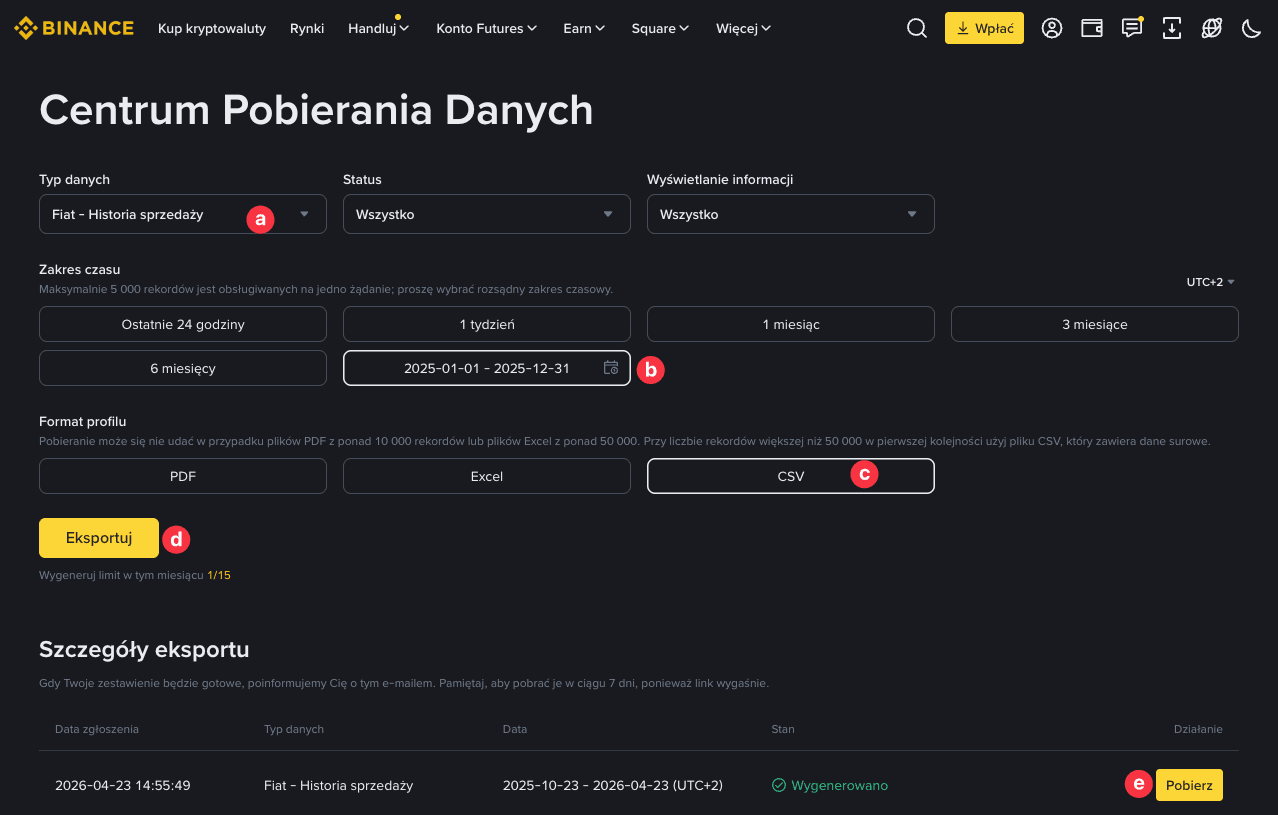 Zrzut ekranu Centrum Pobierania Danych Binance z zaznaczonym typem danych Fiat Historia sprzedaży, zakresem czasu, formatem CSV, przyciskiem Eksportuj i przyciskiem Pobierz