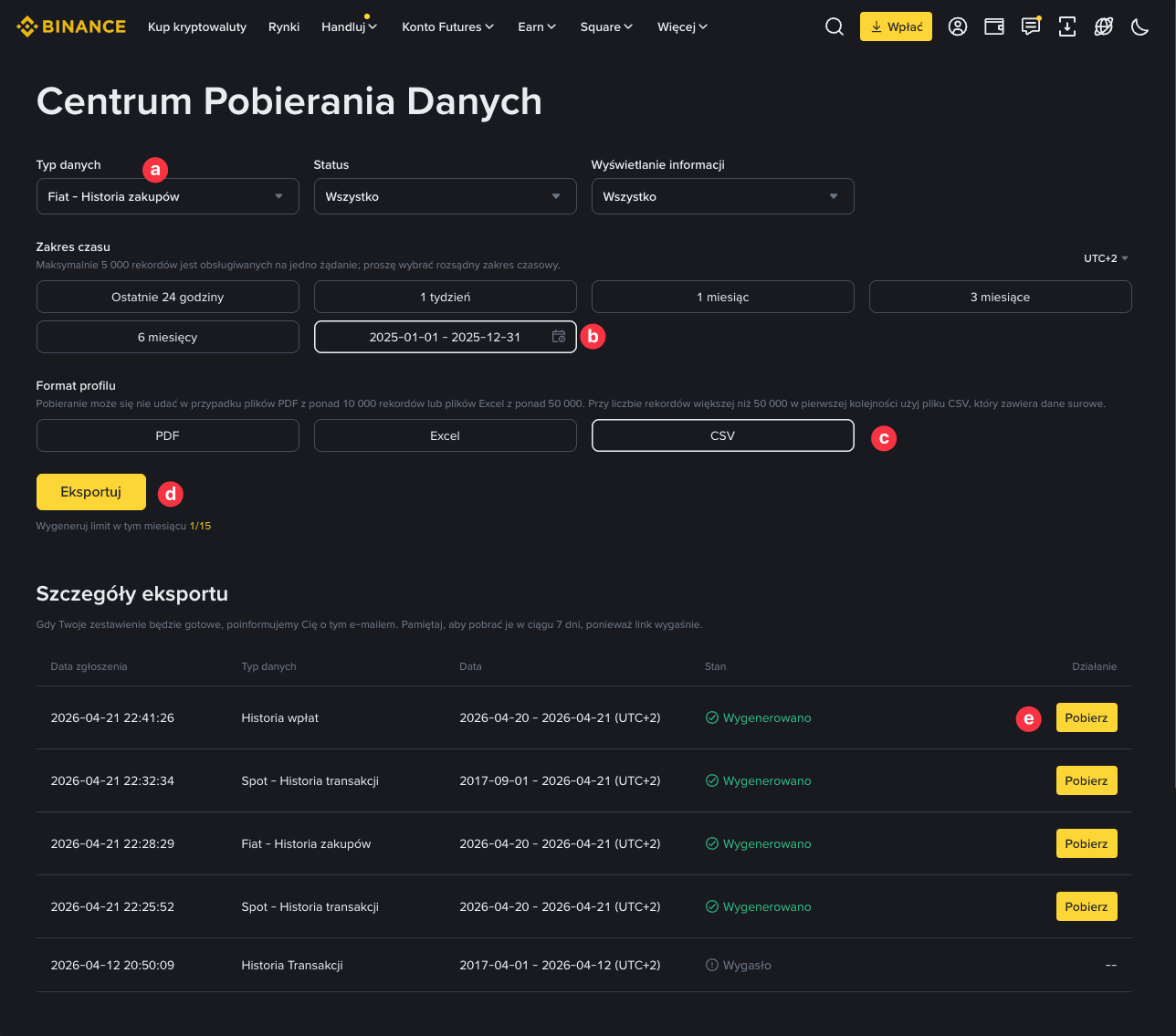 Zrzut ekranu Centrum Pobierania Danych Binance z zaznaczonym typem danych Fiat Historia zakupów, zakresem czasu, formatem CSV, przyciskiem Eksportuj i przyciskiem Pobierz