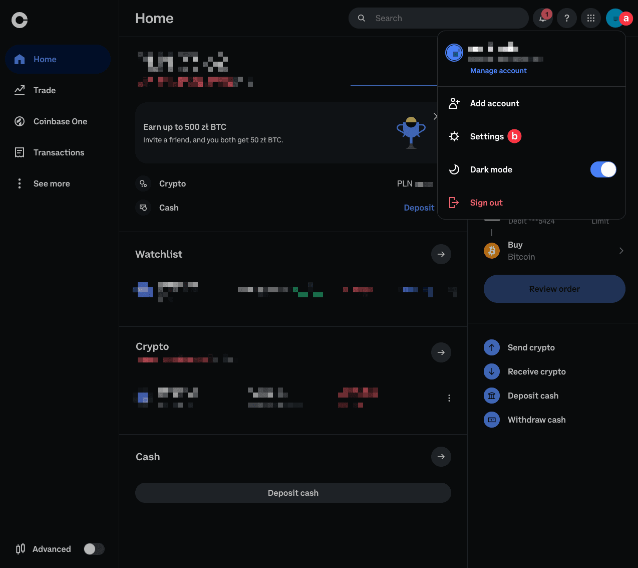 Zrzut ekranu strony głównej Coinbase z otwartym menu profilu i zaznaczoną opcją Settings
