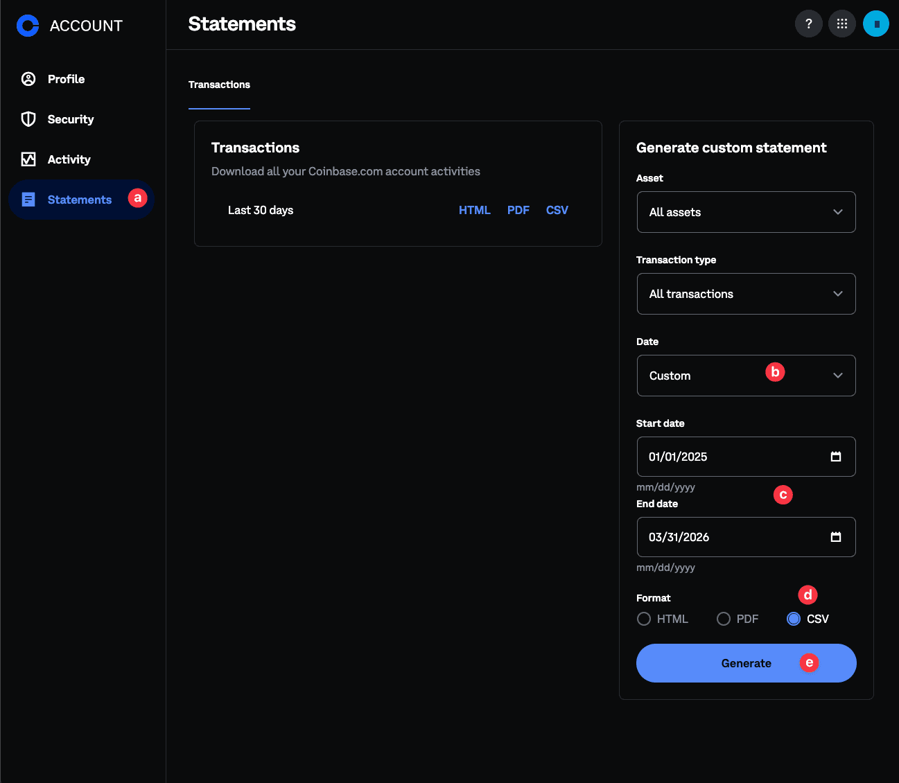 Zrzut ekranu strony Statements w Coinbase z zaznaczonymi opcjami: Statements w menu, Custom w polu Date, zakres dat, format CSV i przycisk Generate