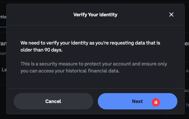 Zrzut ekranu okna weryfikacji tożsamości Coinbase z przyciskiem Next