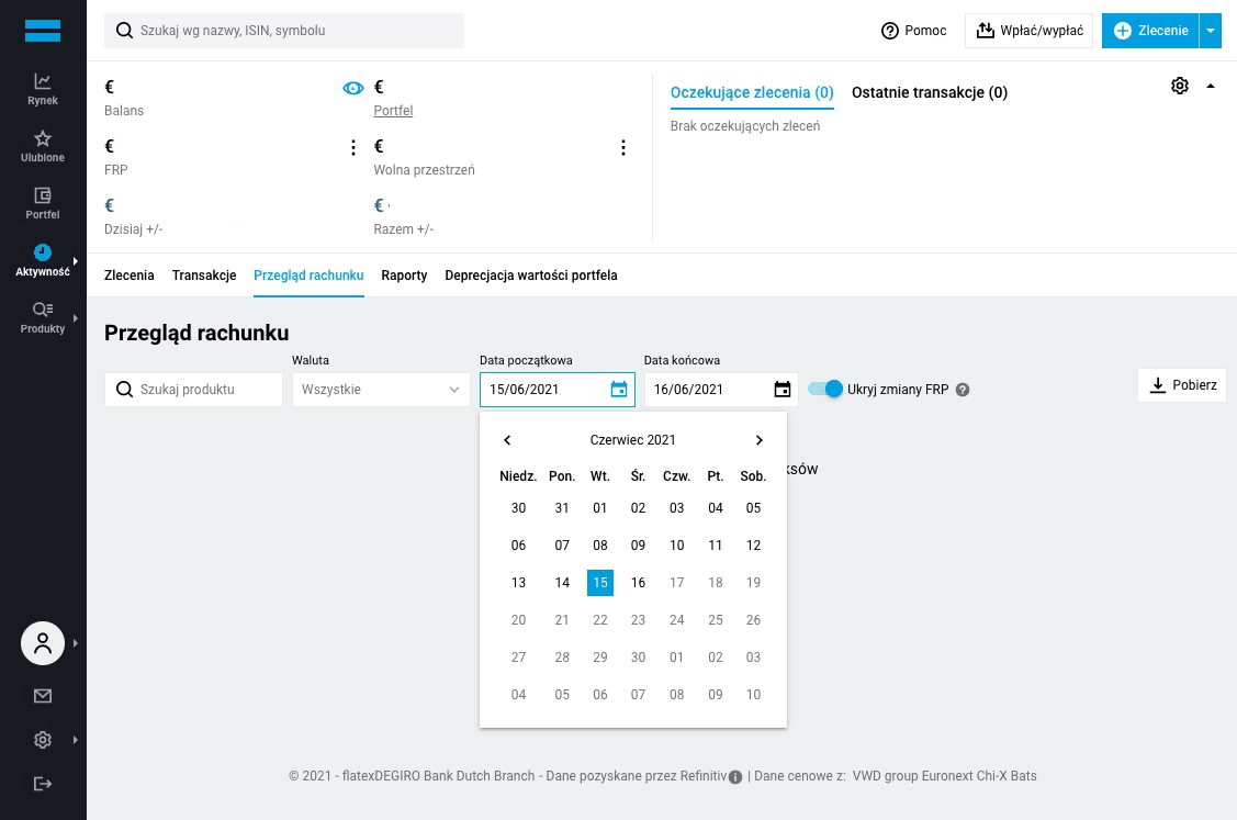 Zrzut ekranu z zakładki Przegląd rachunku w Degiro z wybranym zakresem dat do eksportu dywidend dla kalkulatora giełdowego