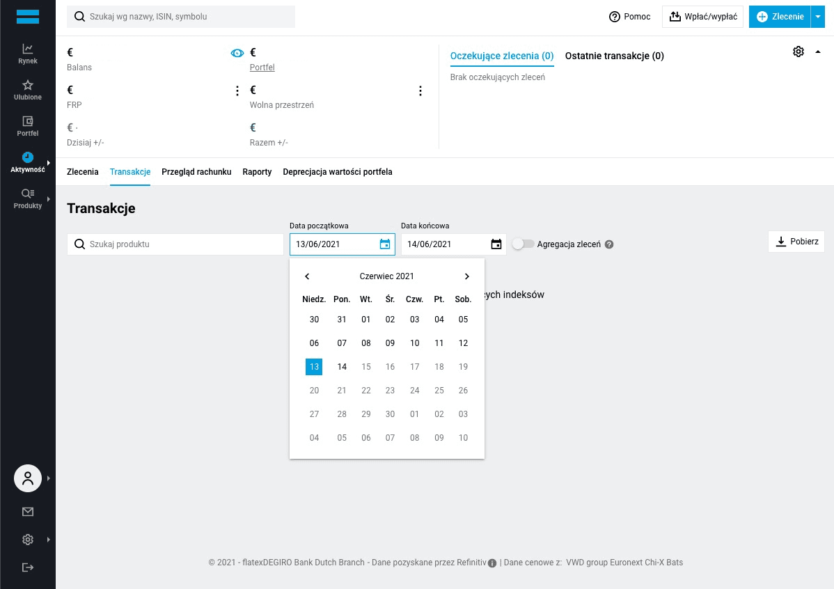 Zrzut ekranu z zakładki Transakcje w Degiro z wybranym zakresem dat do eksportu danych dla kalkulatora giełdowego