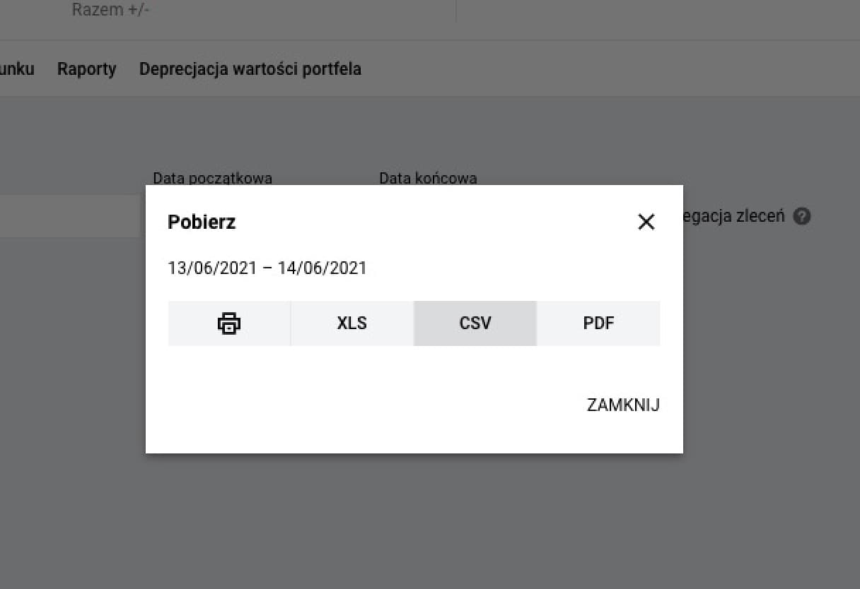 Zrzut ekranu z opcją pobierania raportu CSV z transakcjami w Degiro do importu do kalkulatora giełdowego