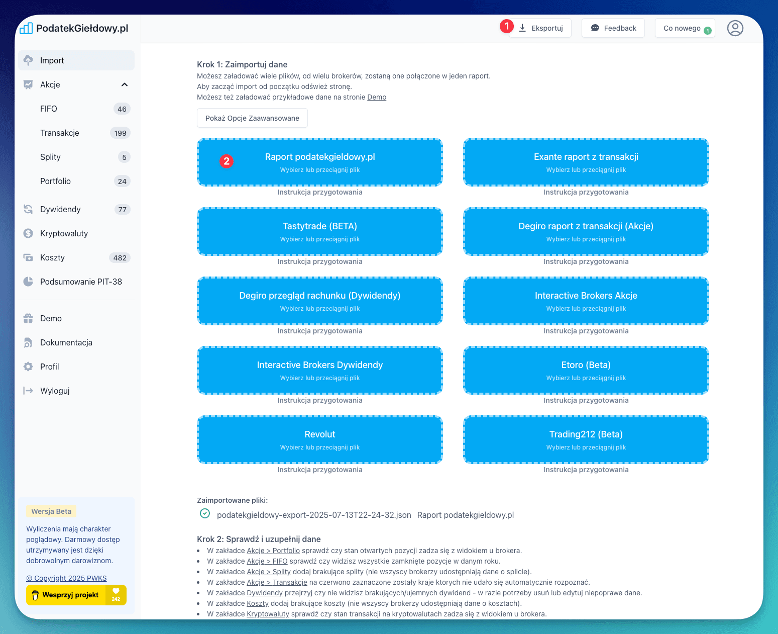 Zrzut ekranu przedstawiający eksport i import raportu podatkowego w aplikacji PodatekGiełdowy.pl — kalkulator giełdowy, podatek giełdowy