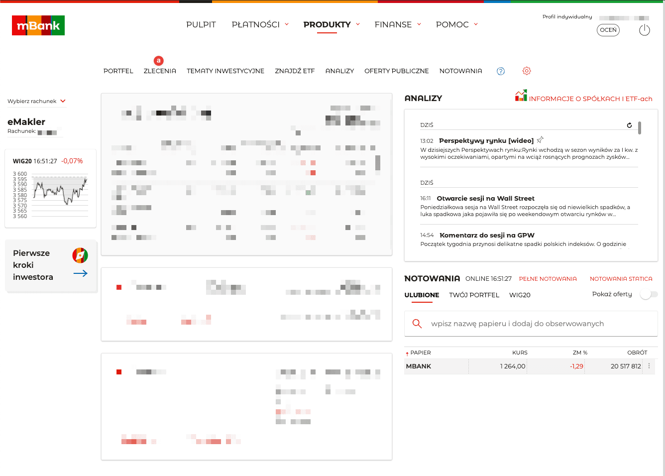 Zrzut ekranu panelu eMAKLER w mBank z zaznaczoną zakładką Zlecenia