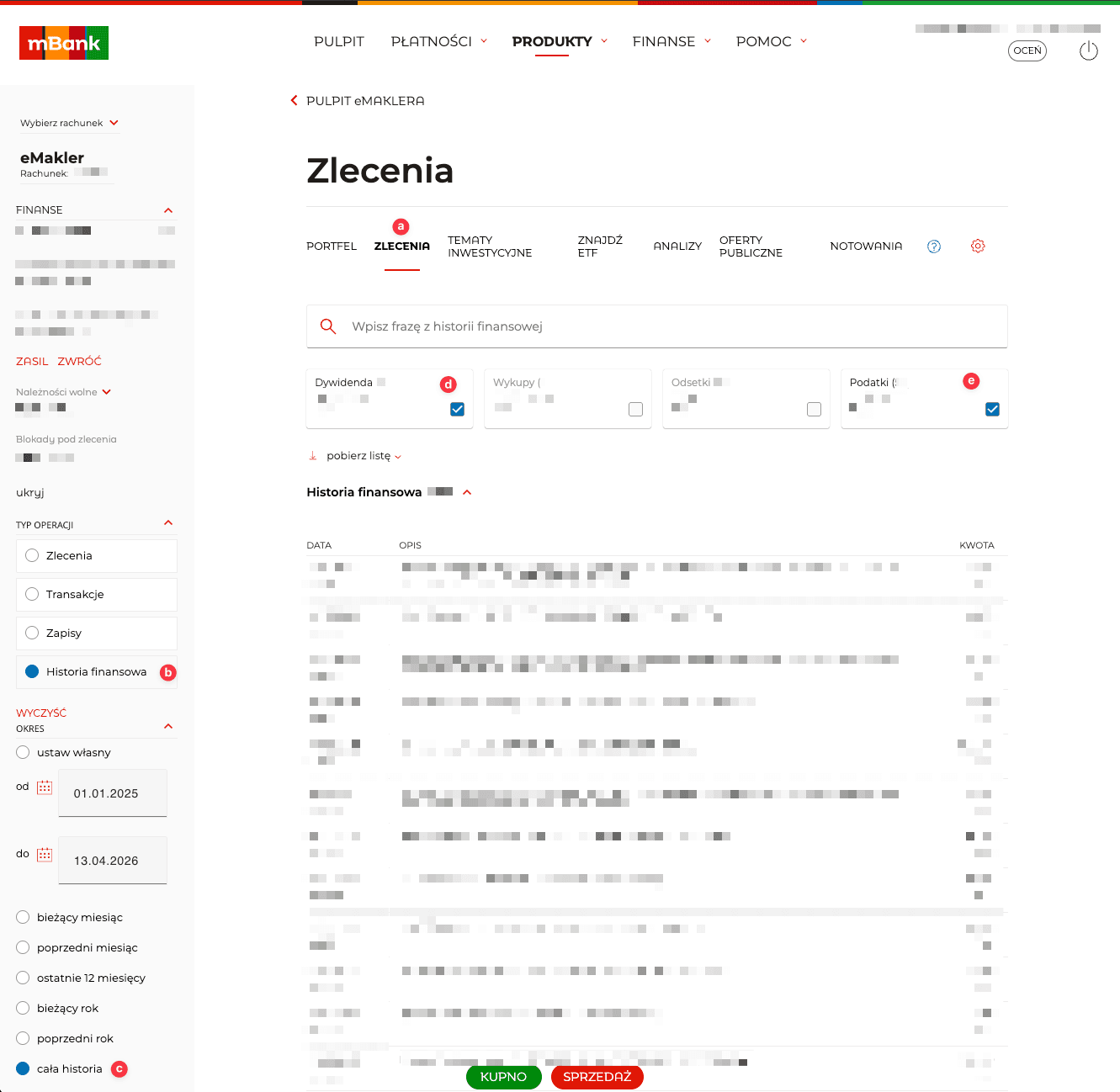 Zrzut ekranu konfiguracji Historii finansowej w eMAKLER z zaznaczonymi polami Zlecenia, Historia Finansowa, okres, Dywidendy i Podatki