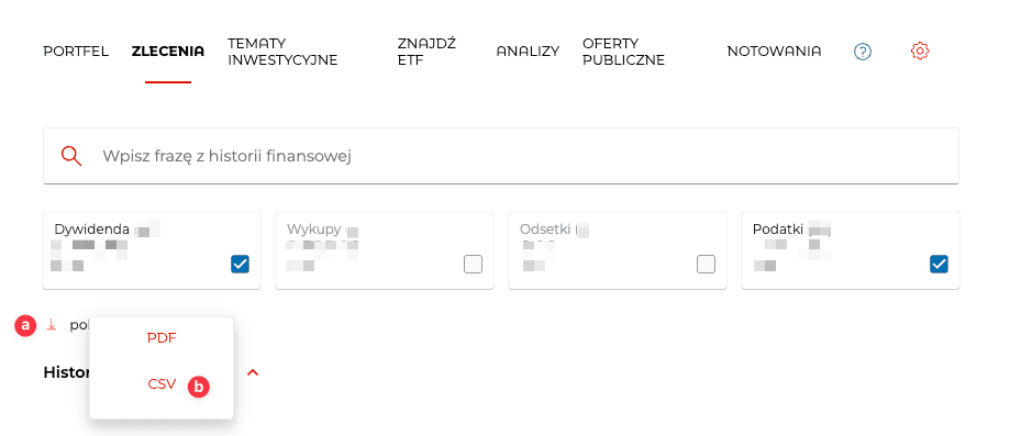 Zrzut ekranu opcji pobierania z eMAKLER: przycisk pobierz listę (a) i wybór formatu CSV (b)