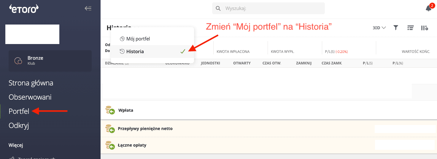 Zrzut ekranu z zakładki Portfolio w eToro z widokiem Historia pokazujący transakcje dla kalkulatora giełdowego PodatekGiełdowy.pl