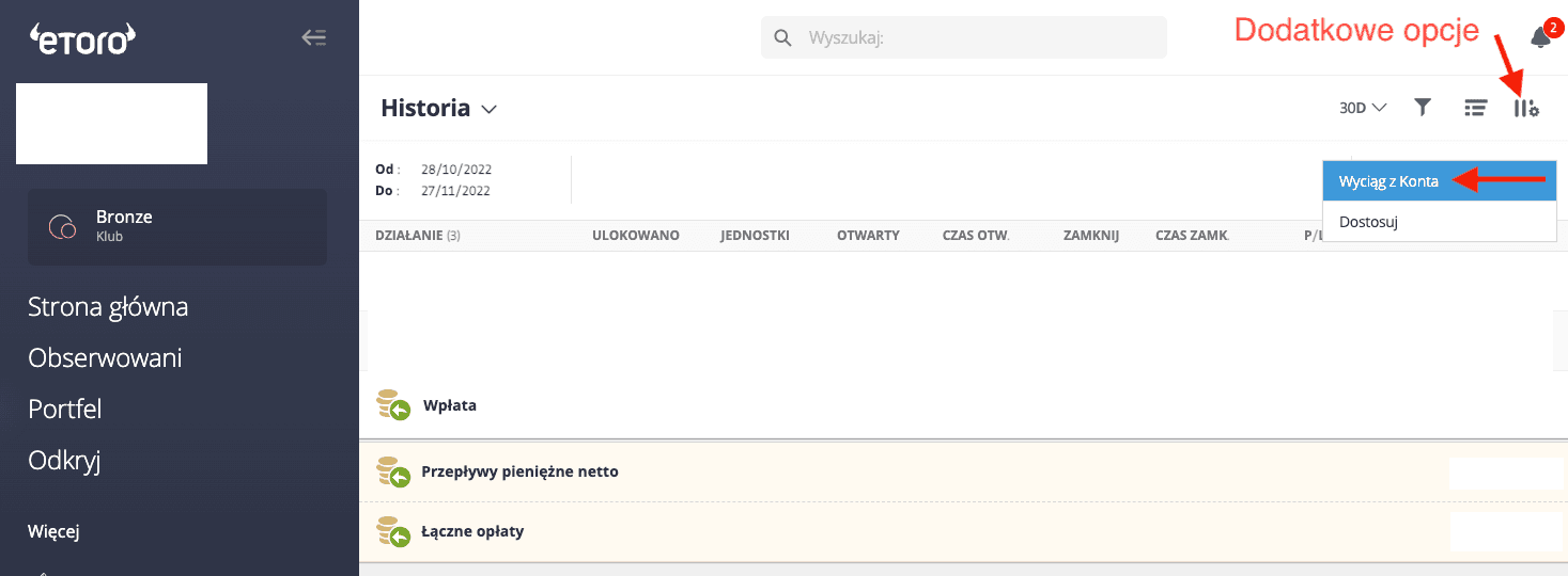 Zrzut ekranu z opcją generowania wyciągu z konta w Etoro do eksportu danych dla kalkulatora giełdowego
