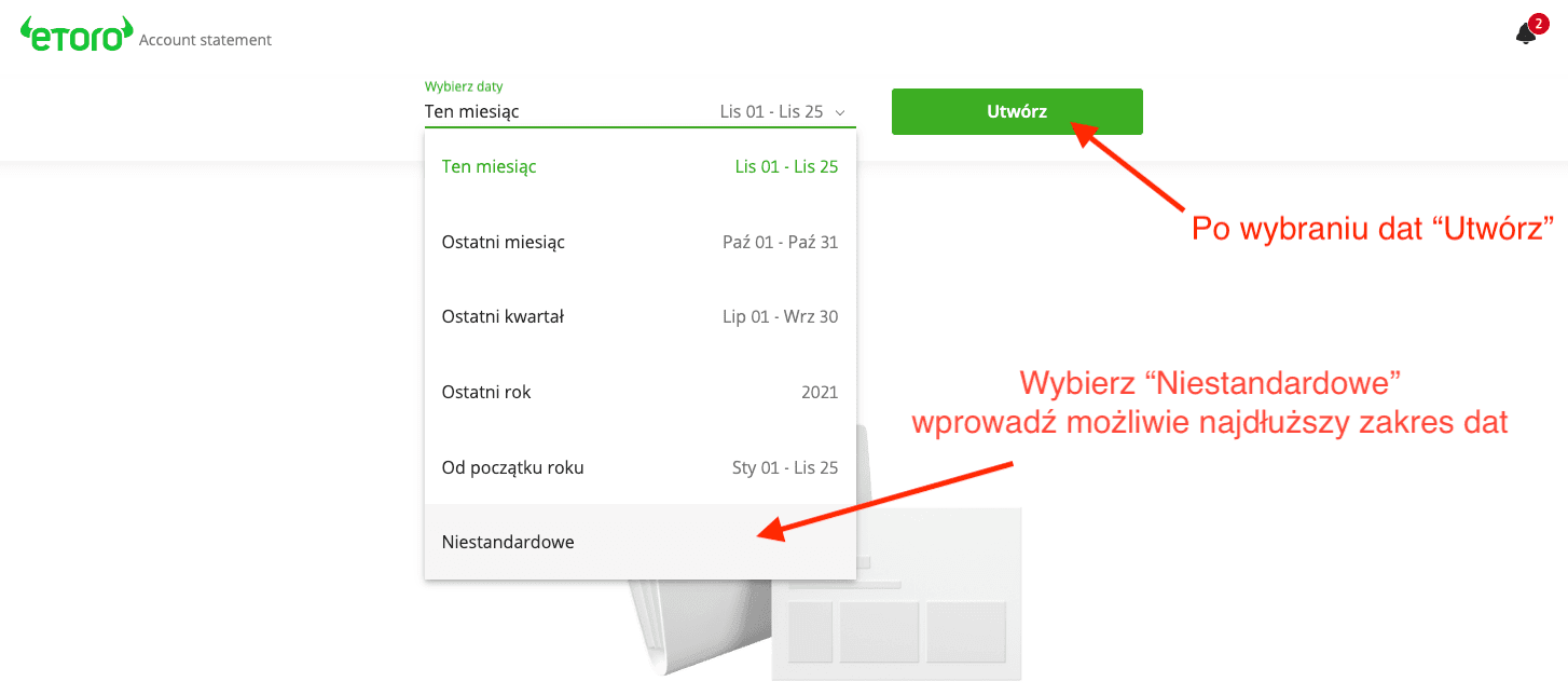 Zrzut ekranu z wyborem zakresu dat w Etoro do generowania raportu z transakcjami dla kalkulatora giełdowego PodatekGiełdowy.pl