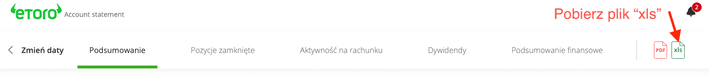 Zrzut ekranu z opcją pobierania pliku XLSX z Etoro do importu do kalkulatora giełdowego PodatekGiełdowy.pl