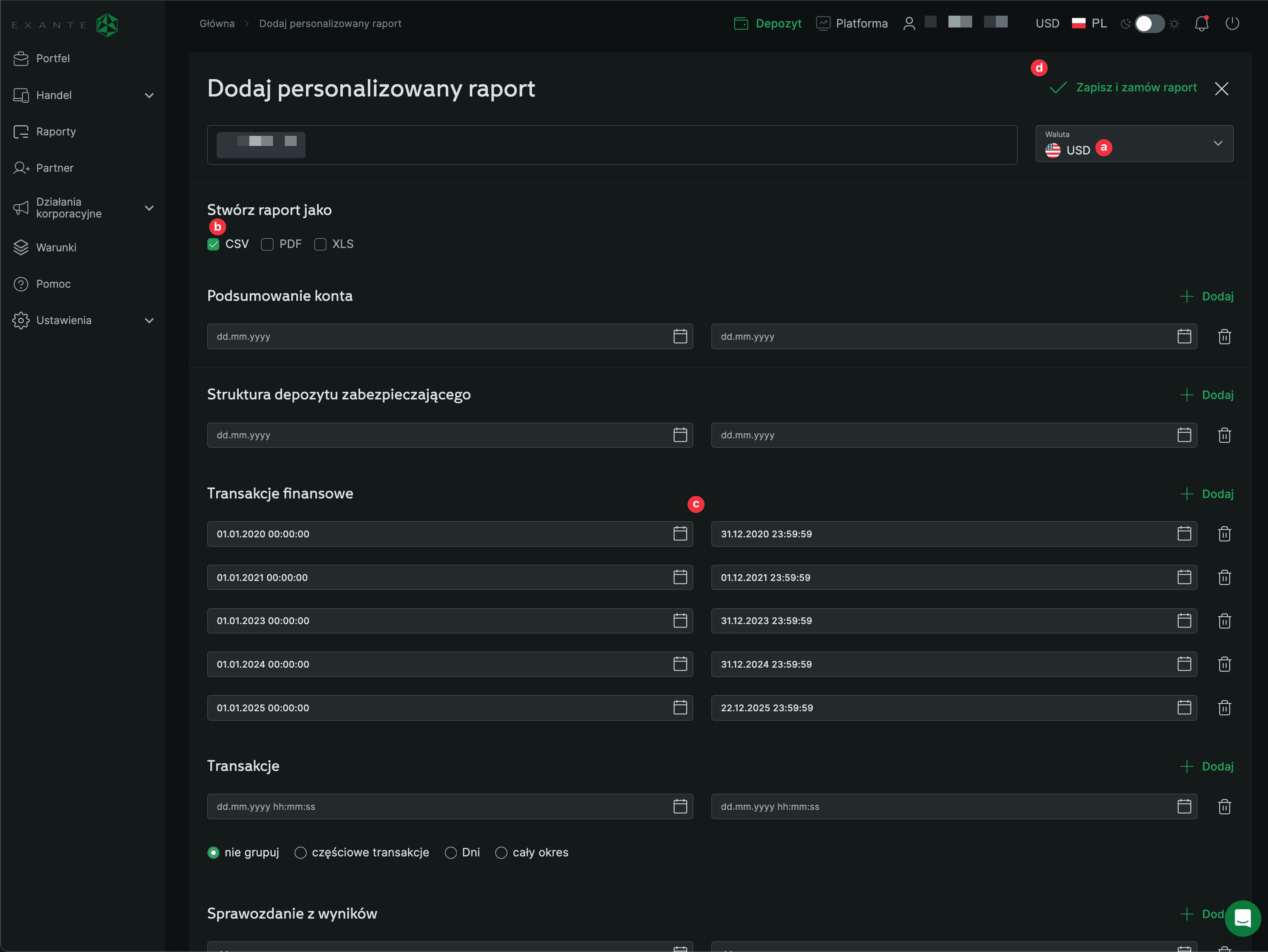 Ekran konfiguracji raportu Exante z wyborem waluty USD, formatu CSV, typu raportu Transakcje finansowe i zakresu dat dla kalkulatora podatku giełdowego