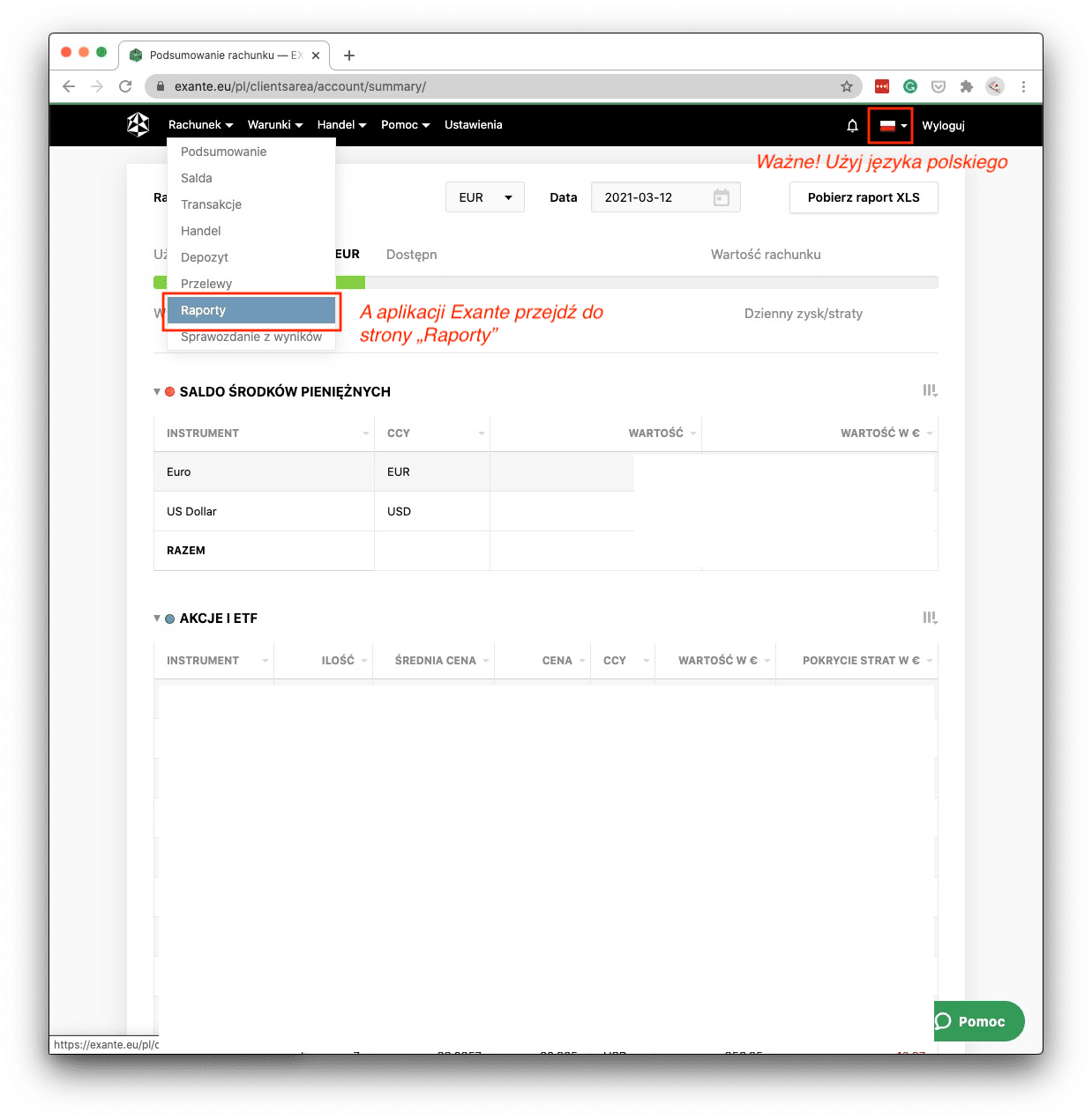 Ekran menu Rachunek z opcją Raporty w Exante do generowania raportu transakcji dla kalkulatora giełdowego