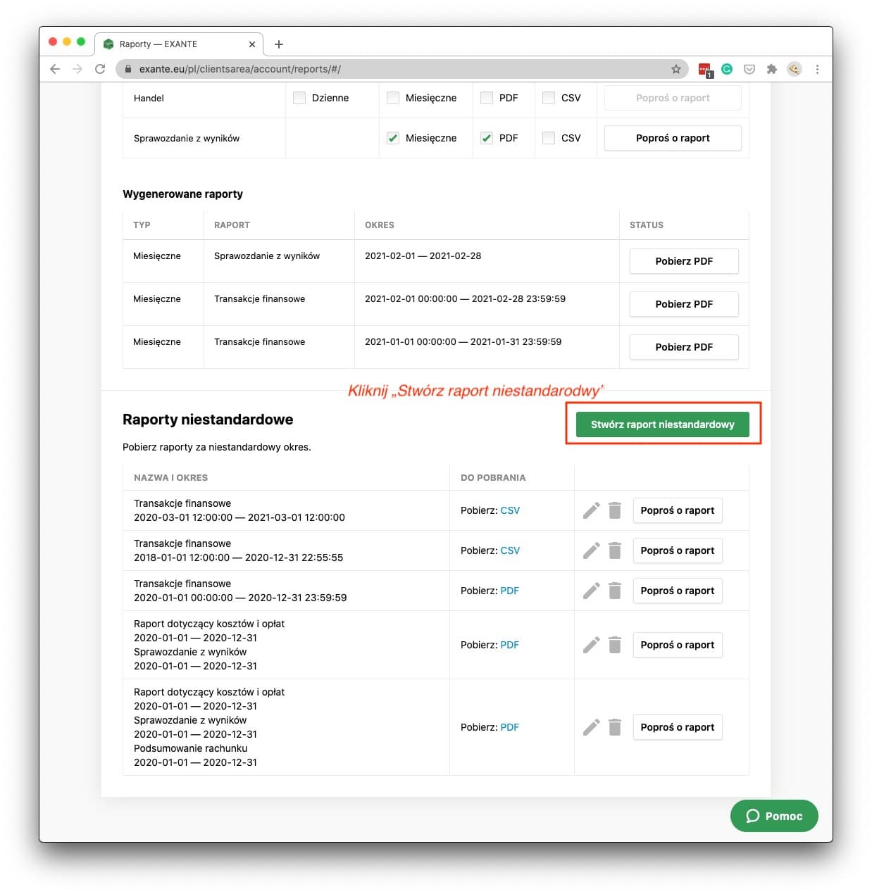 Przycisk Stworz raport niestandardowy w Exante do eksportu transakcji dla kalkulatora podatku giełdowego