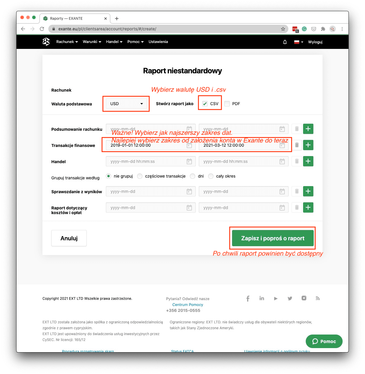 Ekran konfiguracji raportu Exante z wyborem waluty, formatu CSV, typu raportu Transakcje finansowe i zakresu dat dla kalkulatora podatku giełdowego