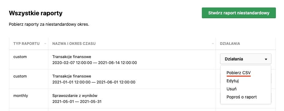 Ekran pobierania raportu CSV z Exante z sekcją Wszystkie raporty i opcją Pobierz CSV dla importu do kalkulatora giełdowego