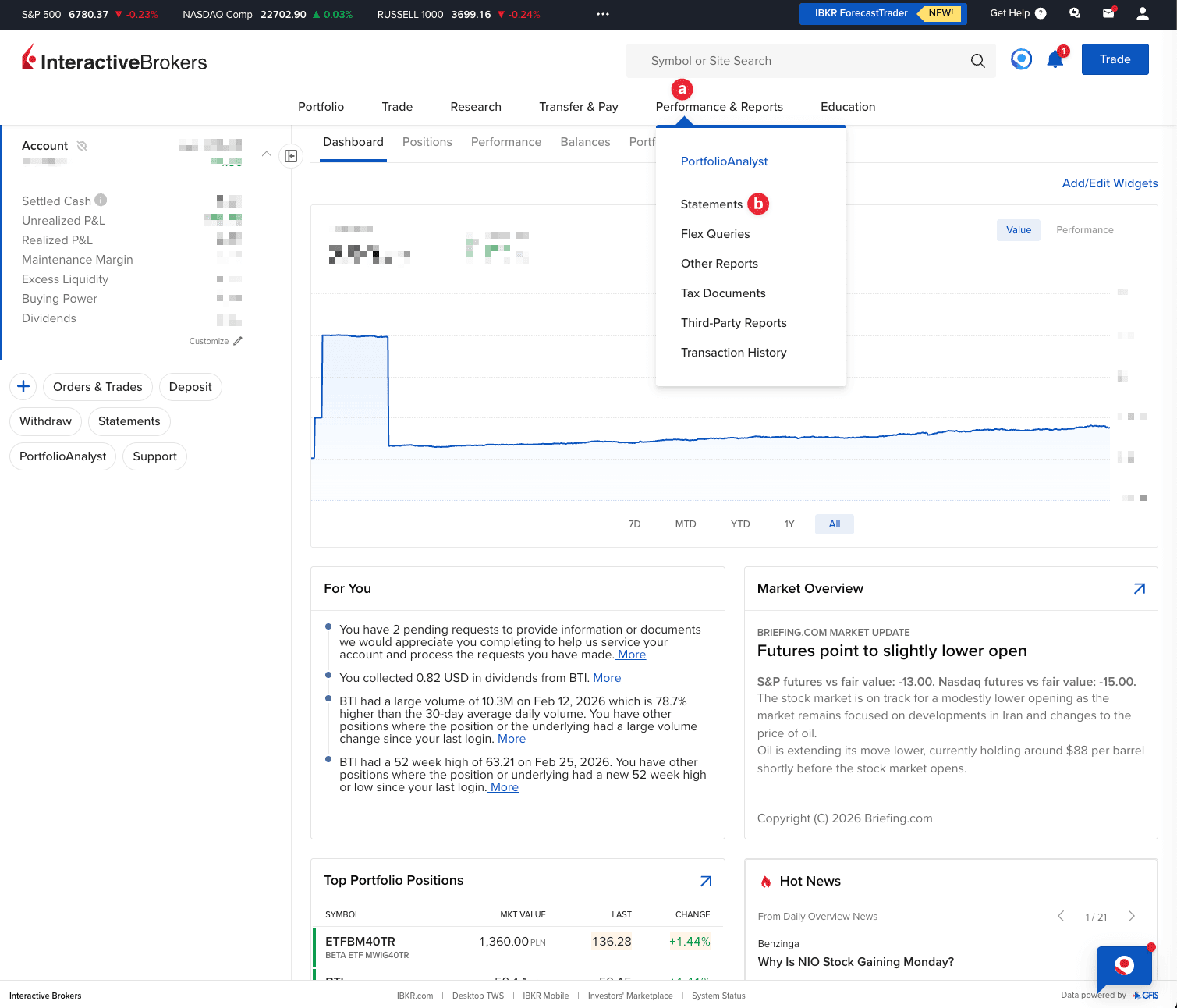 Zrzut ekranu Interactive Brokers z menu Performance & Reports i opcją Statements do generowania Activity Statement
