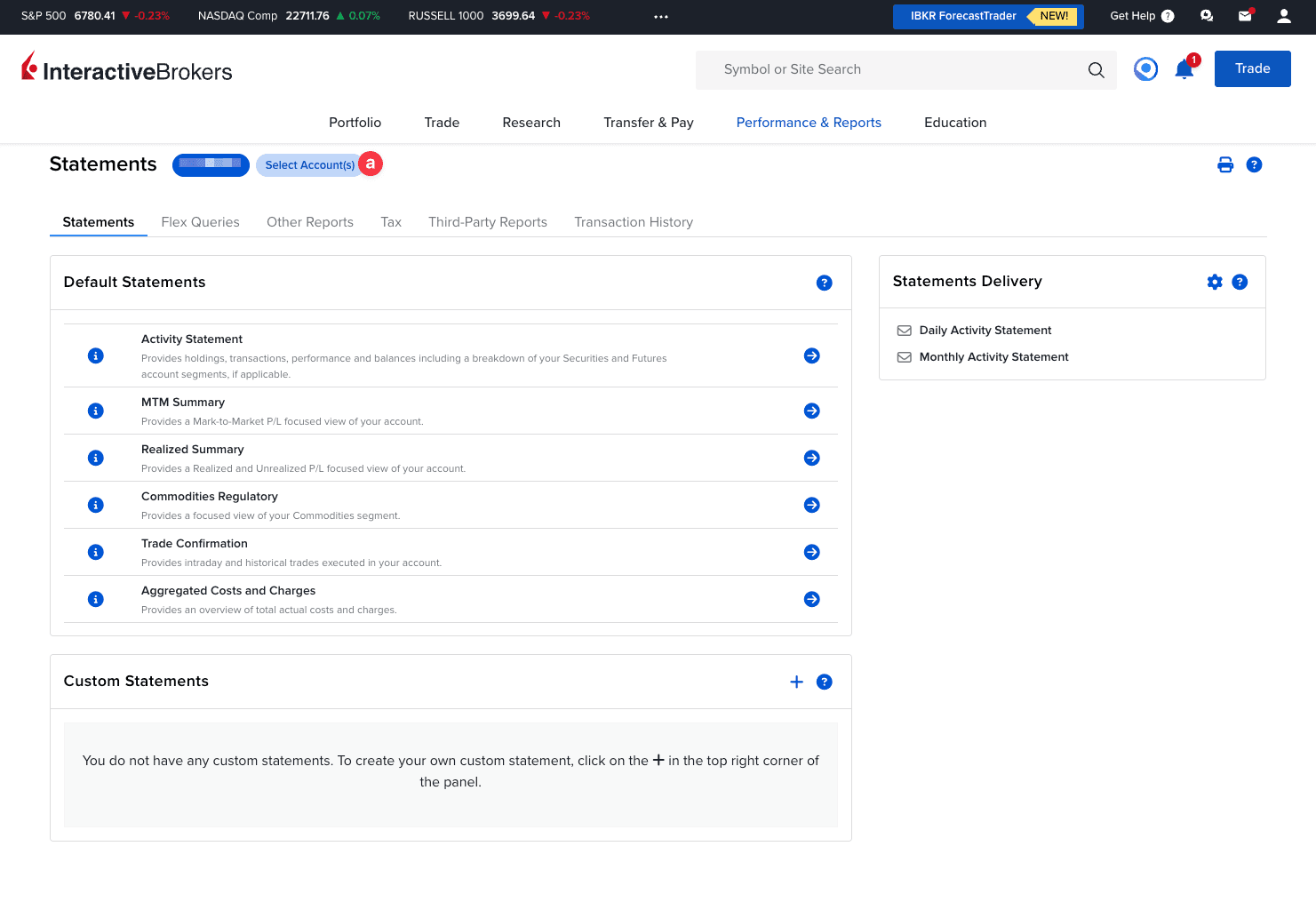 Przycisk Select Account(s) w sekcji Statements Interactive Brokers