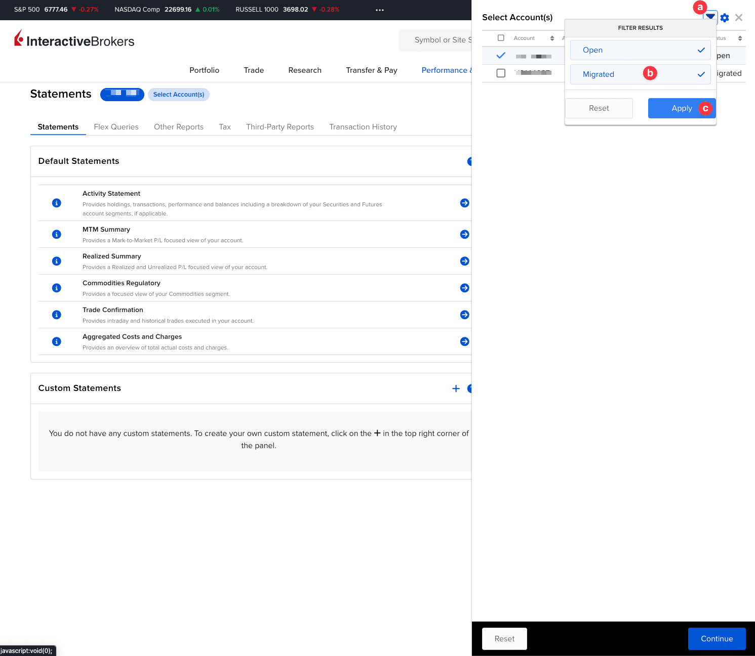 Ekran filtrowania kont z dostępnymi statusami i przyciskiem Apply w Interactive Brokers