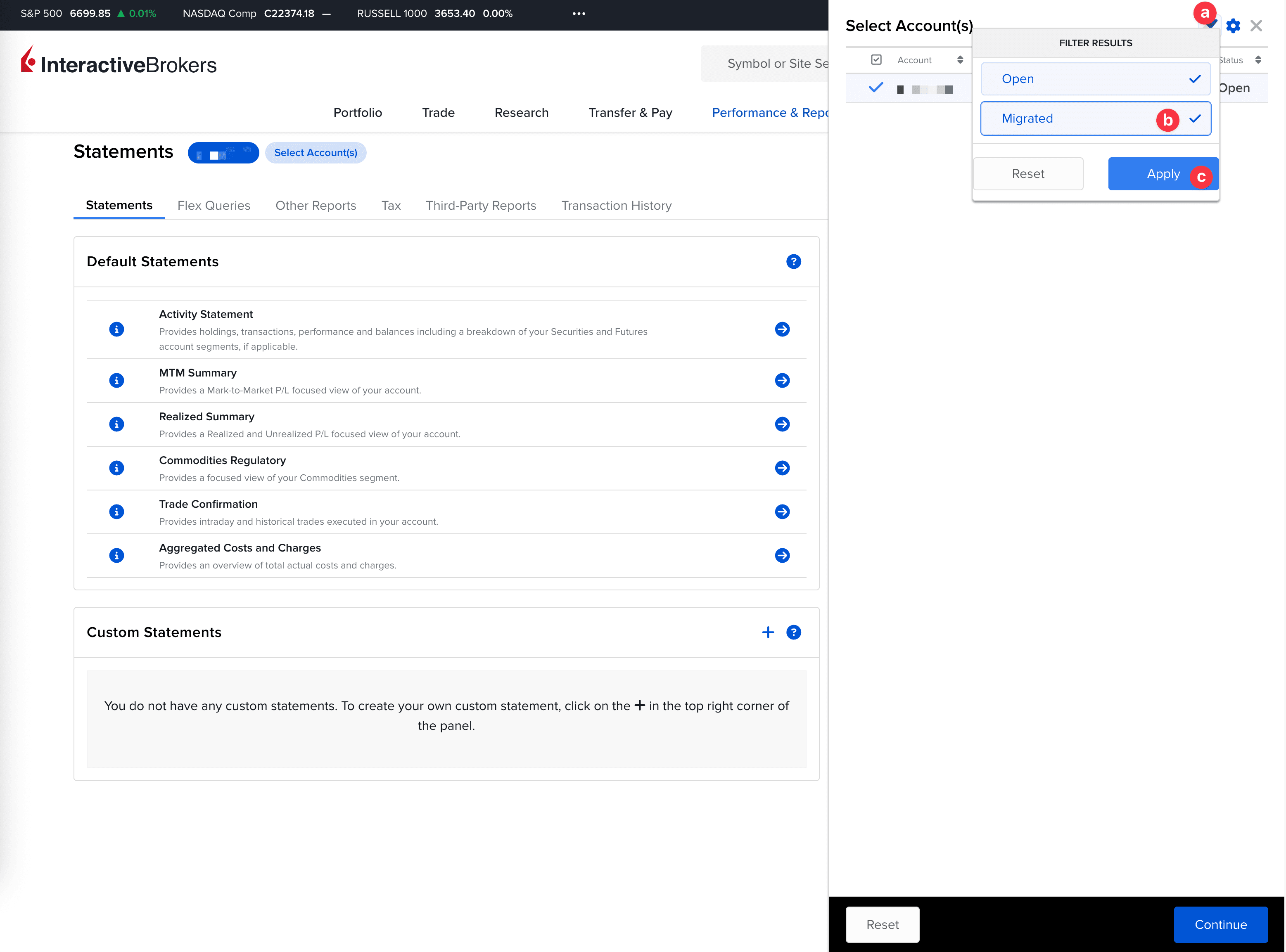 Ekran filtrowania kont z dostępnymi statusami i przyciskiem Apply w Interactive Brokers