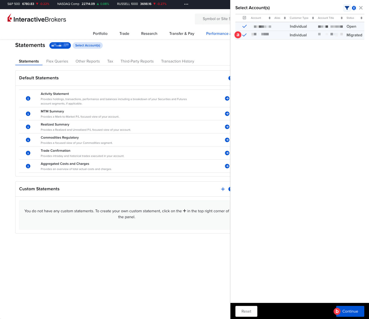 Lista kont z zaznaczonymi wszystkimi kontami i przyciskiem Continue w Interactive Brokers