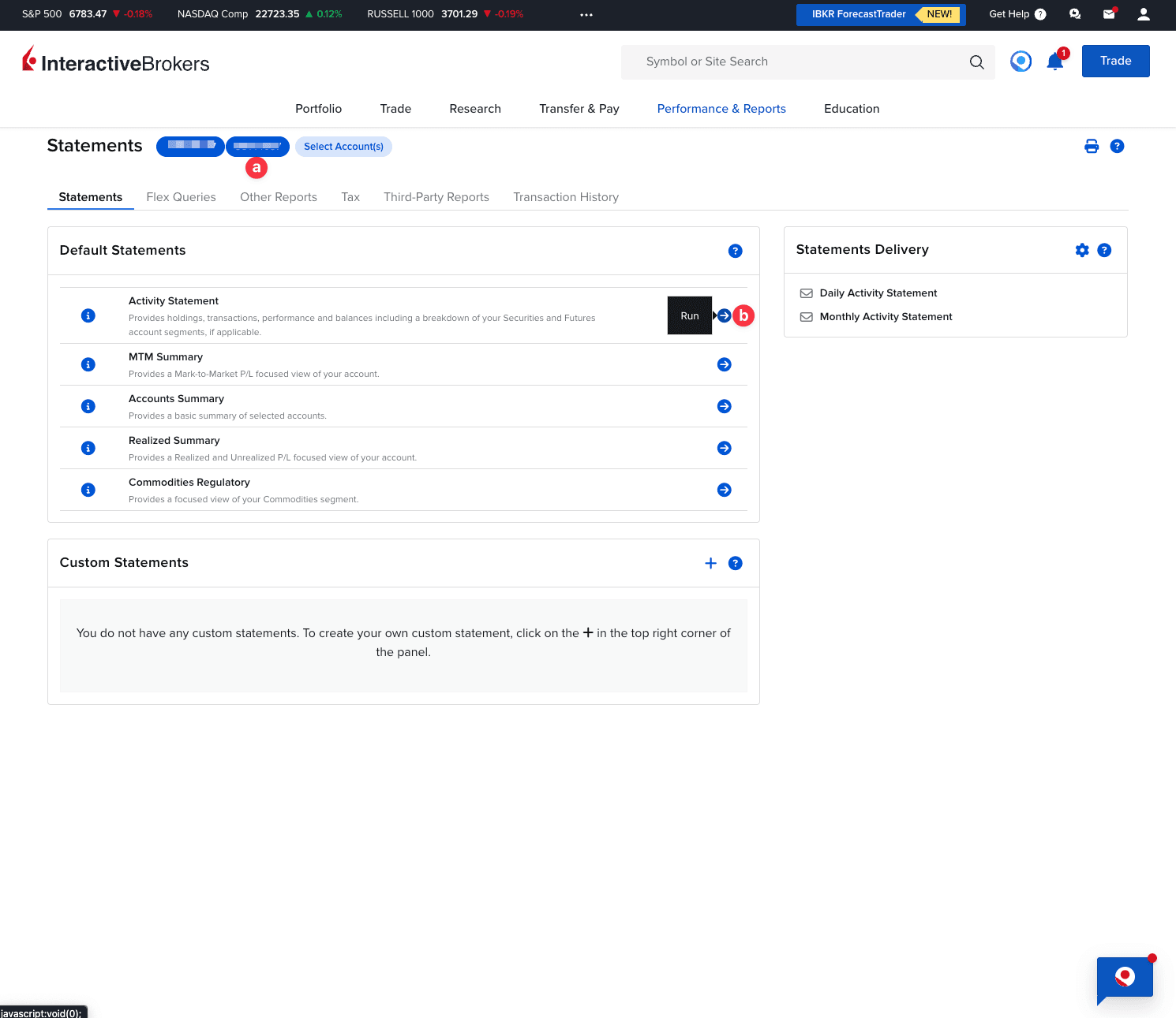 Ekran Statements z widocznymi numerami kont i strzałką Run obok Activity Statement w Interactive Brokers