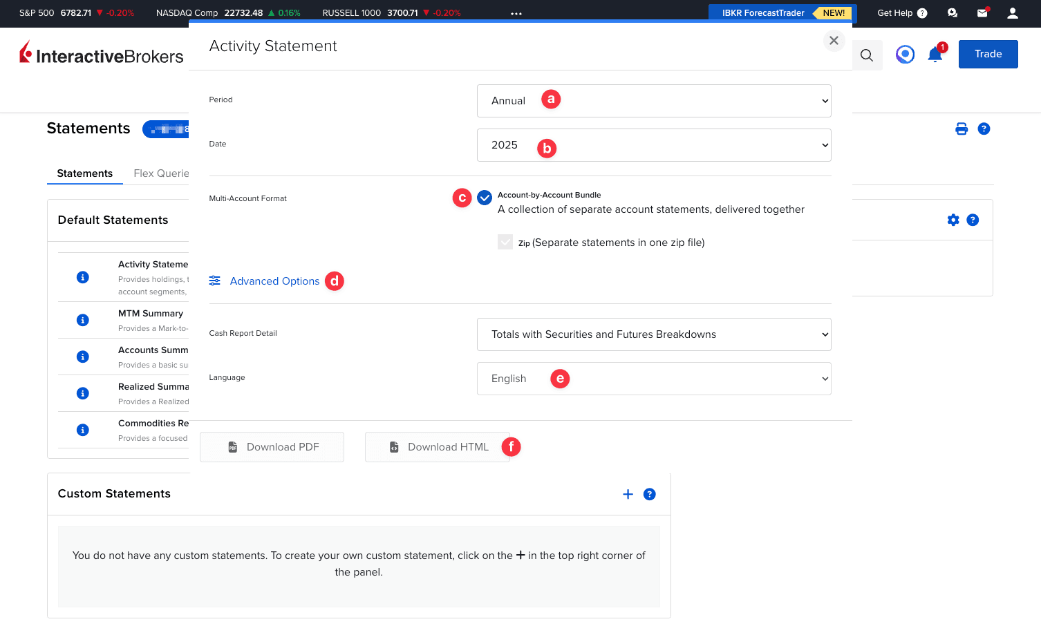 Ekran konfiguracji Activity Statement z opcjami Annual, Account-by-Account Bundle i przyciskiem Download HTML w Interactive Brokers
