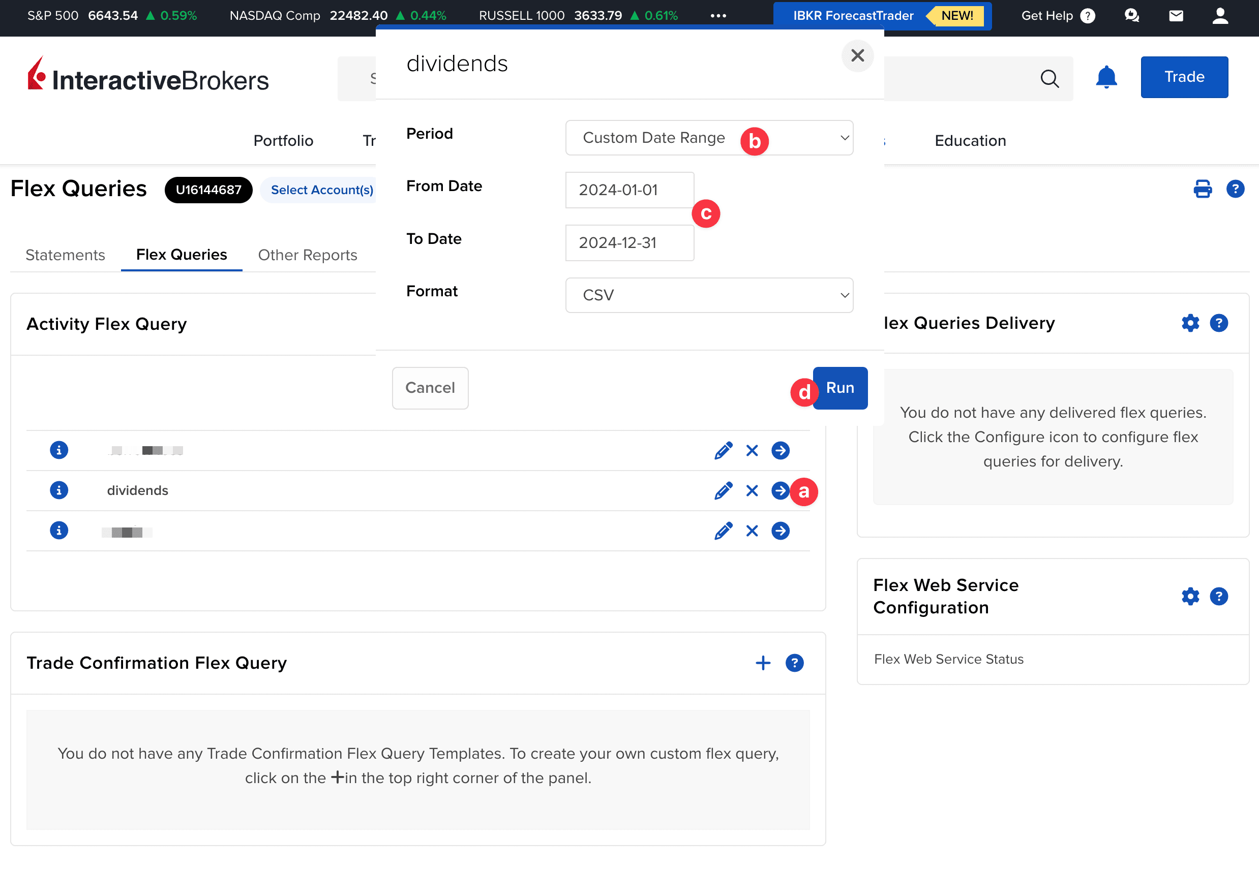 Ekran generowania raportu z wybranym zakresem dat i przyciskiem Run w Interactive Brokers