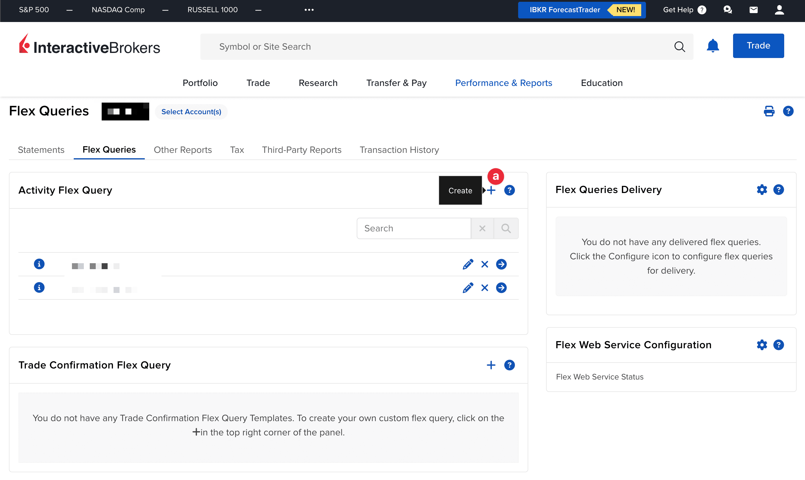 Przycisk Create do utworzenia nowego flex query w Interactive Brokers