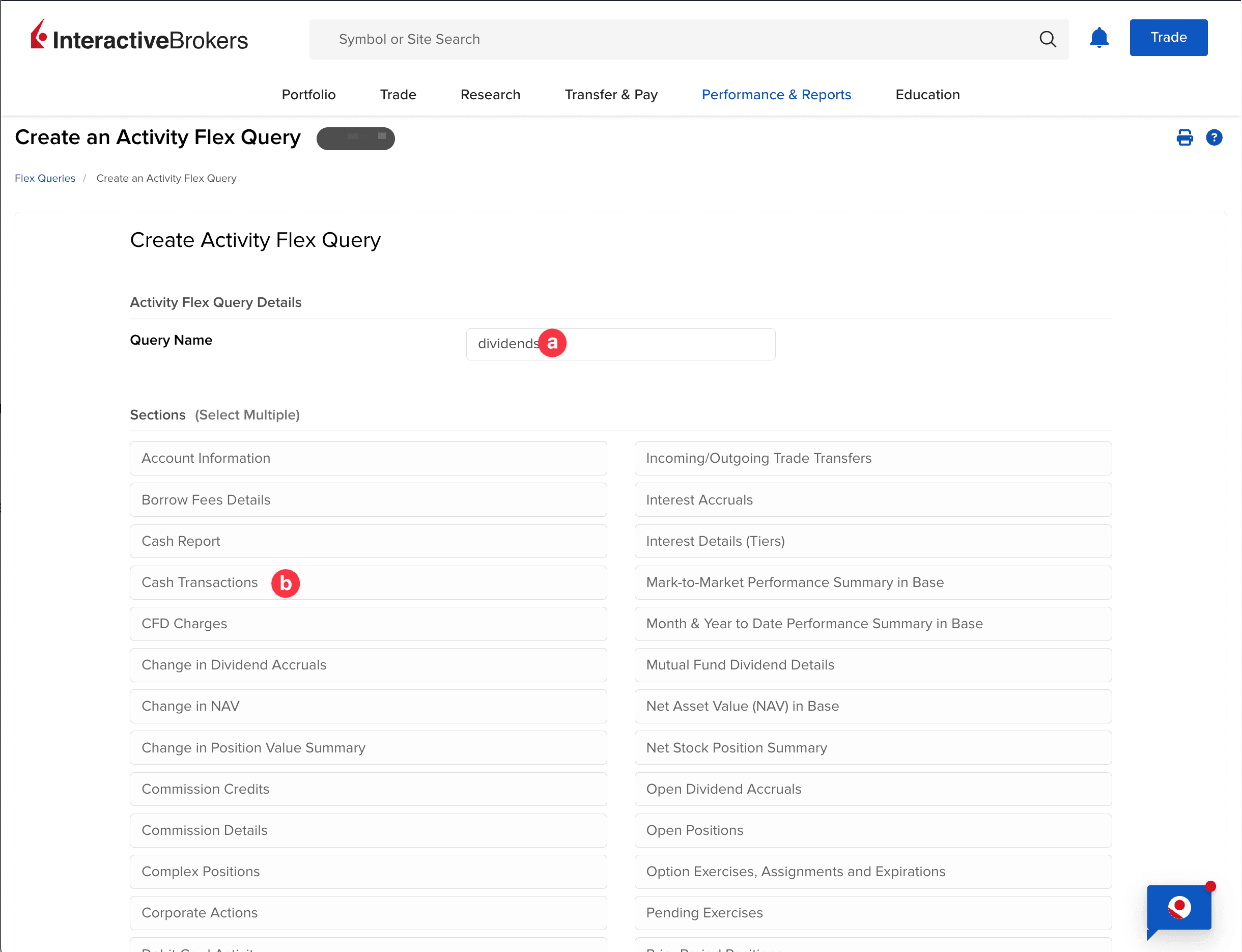 Zrzut ekranu konfiguracji flex query w Interactive Brokers z nazwą 'dividends' i wyborem Cash Transactions
