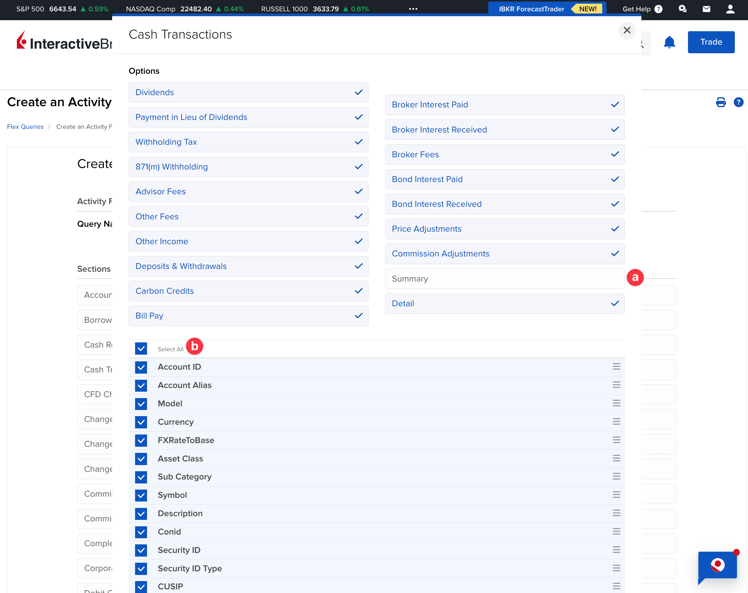 Ekran wyboru kolumn z zaznaczoną opcją Select All w Interactive Brokers
