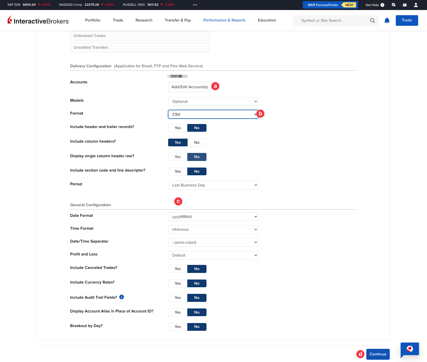 Zrzut ekranu konfiguracji dostawy raportu dywidend w Interactive Brokers z wyborem kont, formatu CSV i opcji Include column headers