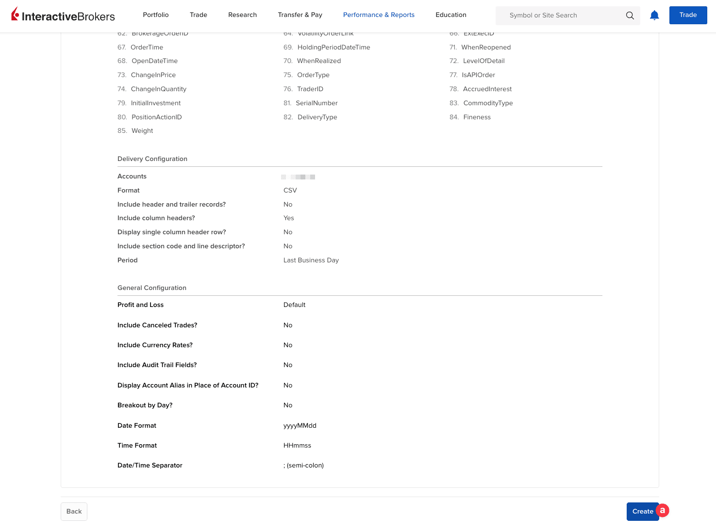 Przycisk Create do finalizacji utworzenia raportu w Interactive Brokers