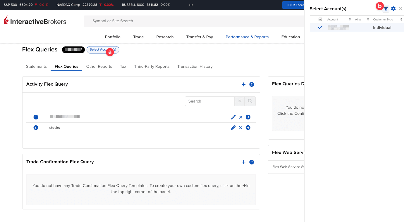 Zrzut ekranu Interactive Brokers z opcją Select Account(s) i filtrowaniem kont po migracji