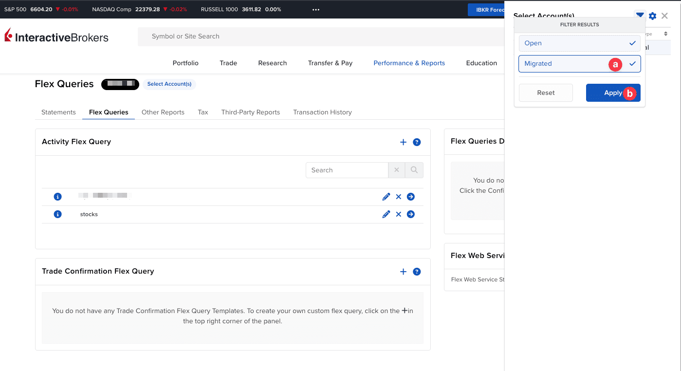 Ekran filtrowania kont z wybranymi opcjami Open i Migrated w Interactive Brokers