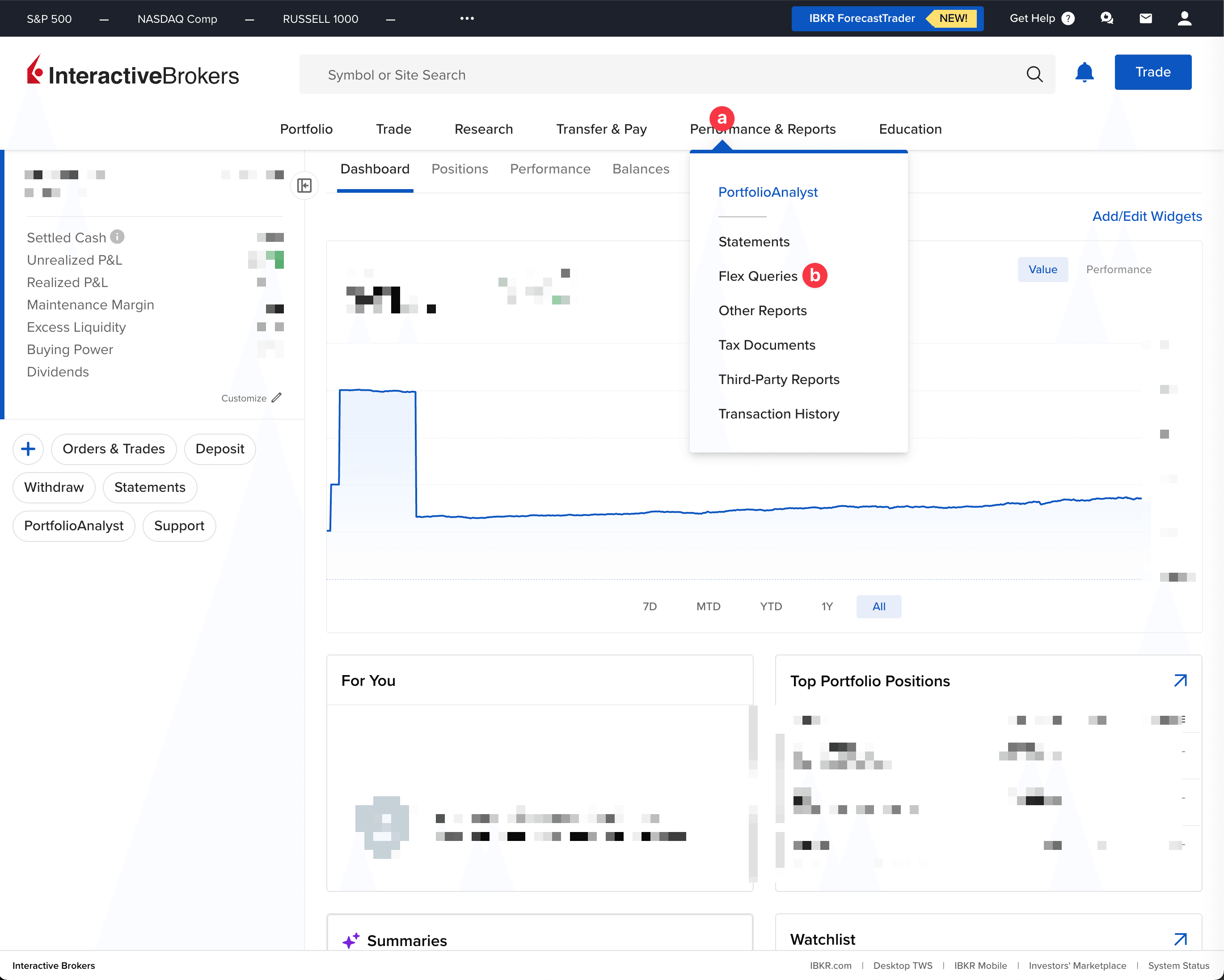Zrzut ekranu Interactive Brokers z menu Performance & Reports i opcją Flex Queries do generowania raportów z transakcji