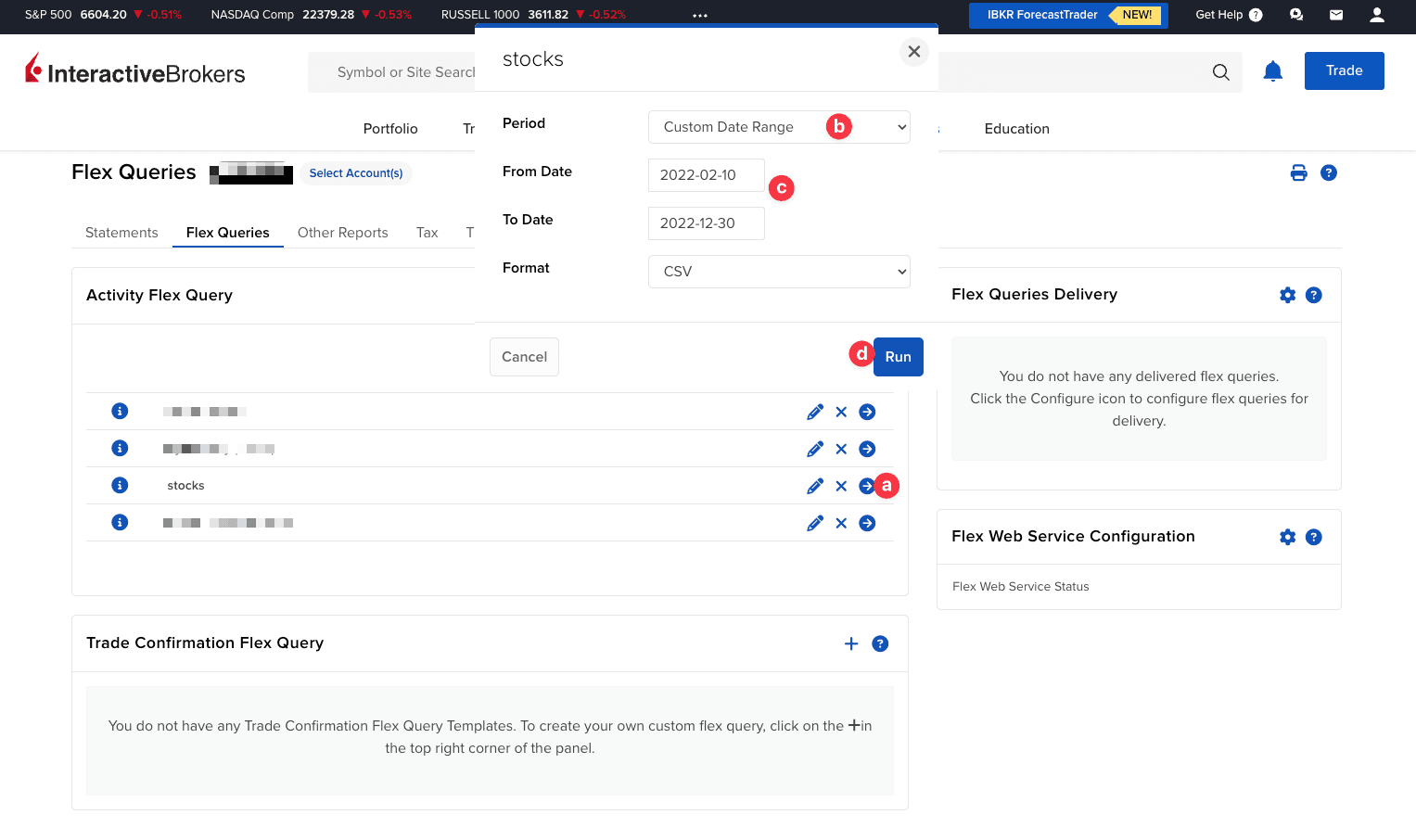 Zrzut ekranu generowania raportu Interactive Brokers z ustawieniem Custom Date Range i przyciskiem Run
