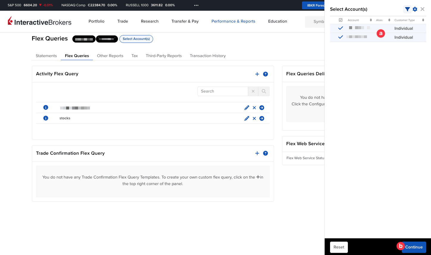 Zrzut ekranu potwierdzenia wyboru kont Interactive Brokers z zaznaczonymi kontami i przyciskiem Continue