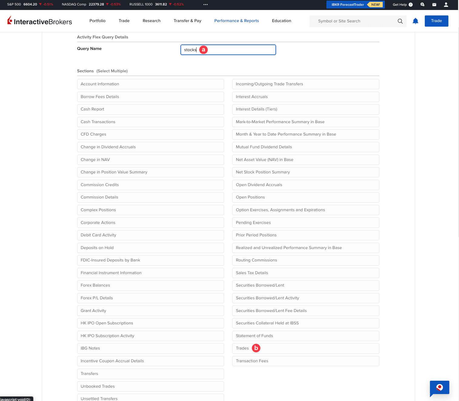Ekran konfiguracji raportu z wybraną opcją Trades w Interactive Brokers