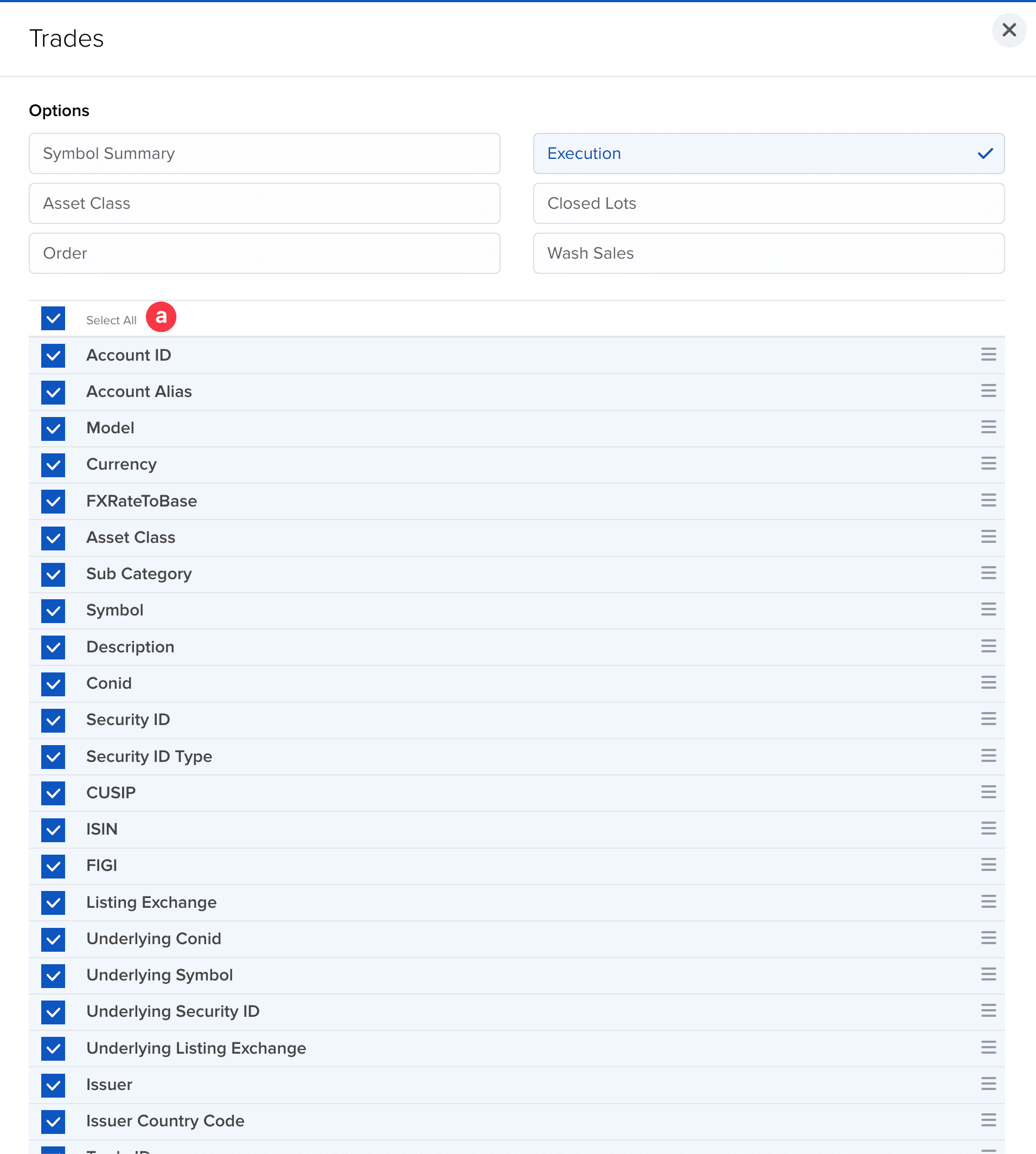 Ekran wyboru kolumn z zaznaczoną opcją Select All w Interactive Brokers