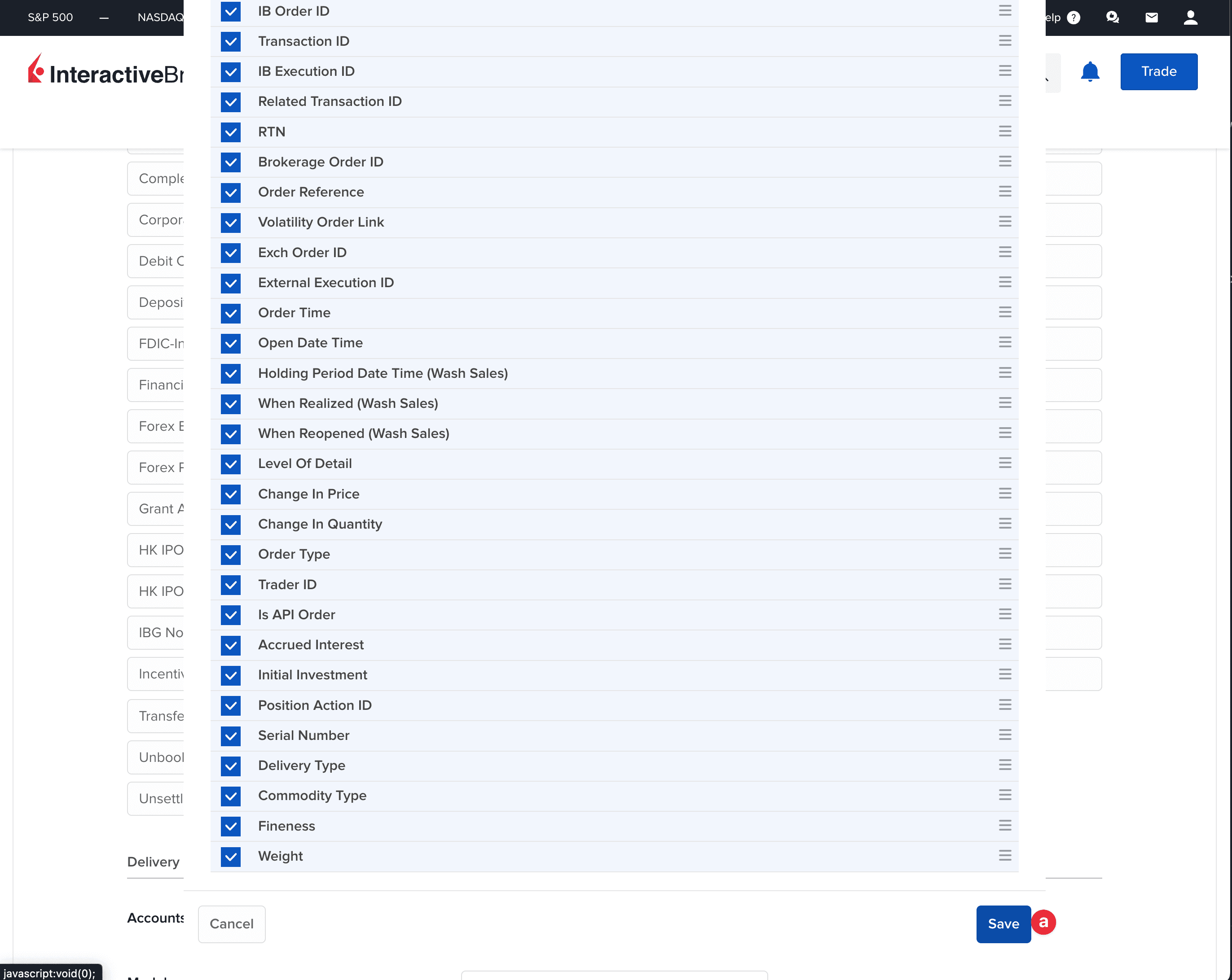 Przycisk Save do zapisania konfiguracji raportu w Interactive Brokers