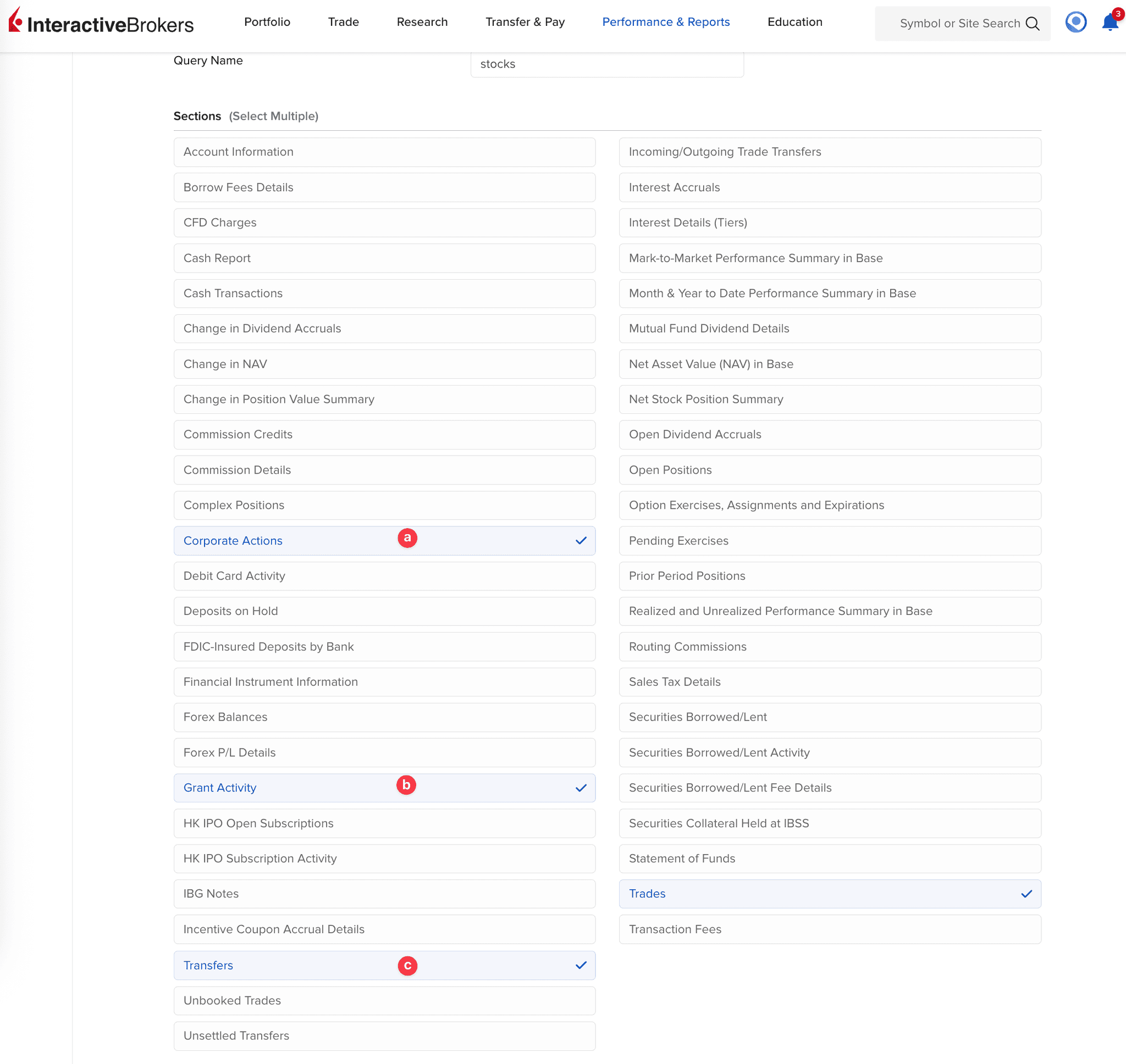 Ekran dodatkowych selekcji: Corporate Actions, Grant Activity i Transfers z zaznaczonym Select All w Interactive Brokers
