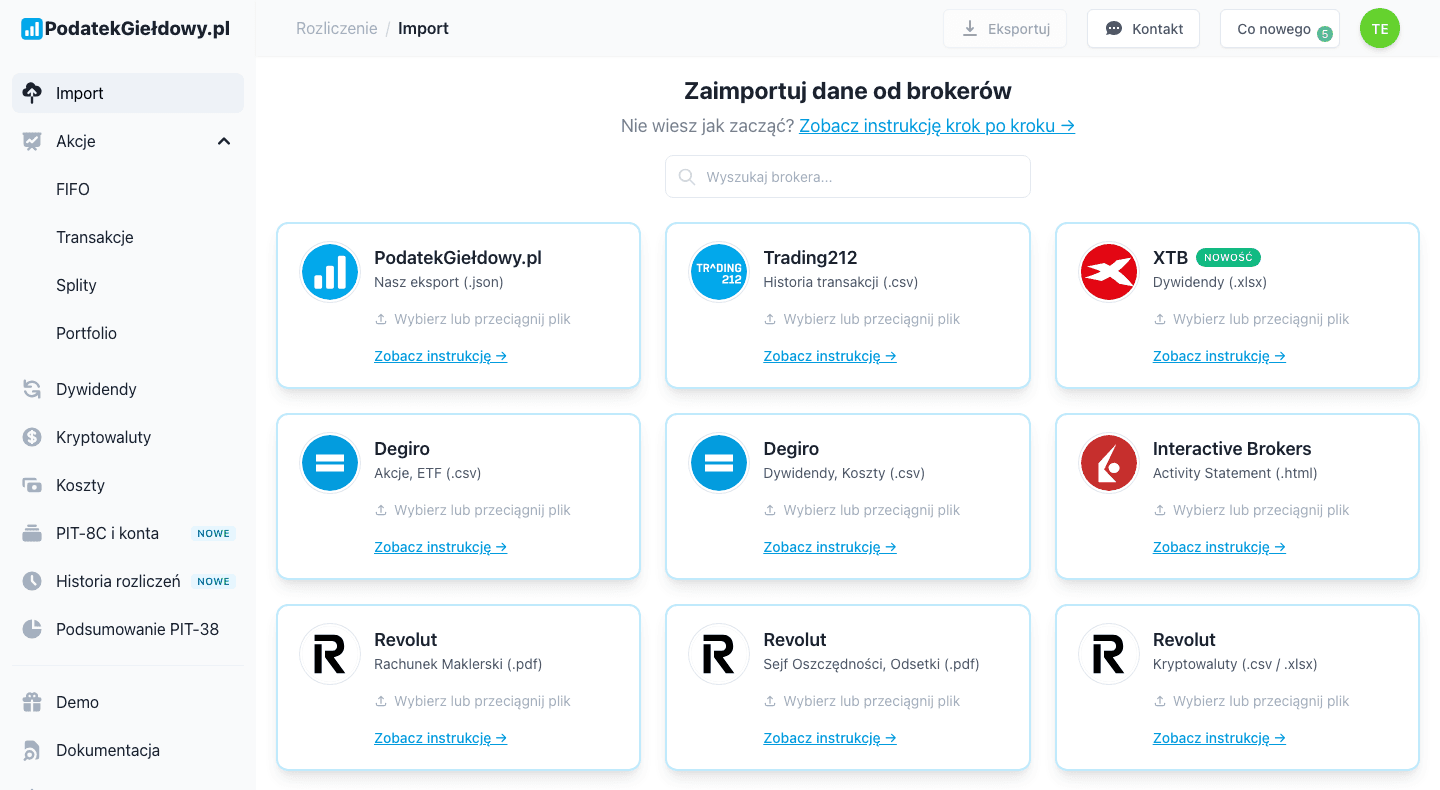 Zrzut ekranu strony Import w PodatekGiełdowy.pl z kartami do wgrania historii transakcji z Trading 212, XTB, DEGIRO, Interactive Brokers i Revolut, z formatem pliku i linkiem do instrukcji
